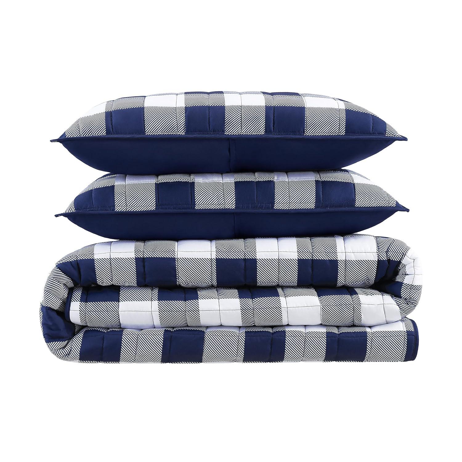 2pc Twin/Twin Extra Long Alex Buffalo Check Plaid Printed Quilt Set Navy/White - Serta: All Ages Comfort, Machine Washable