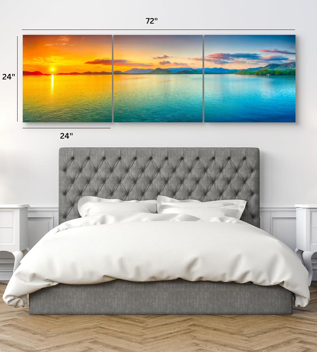 Split Canvas Wall Art Decor - Large Panoramic Sunset Ocean Wall Art, 3 Panels Hanging Canvas Art Set - Decorative Wall Art Prints for Living Room, Bedroom, Office, Home Decor, Gift, 24x72 Inch