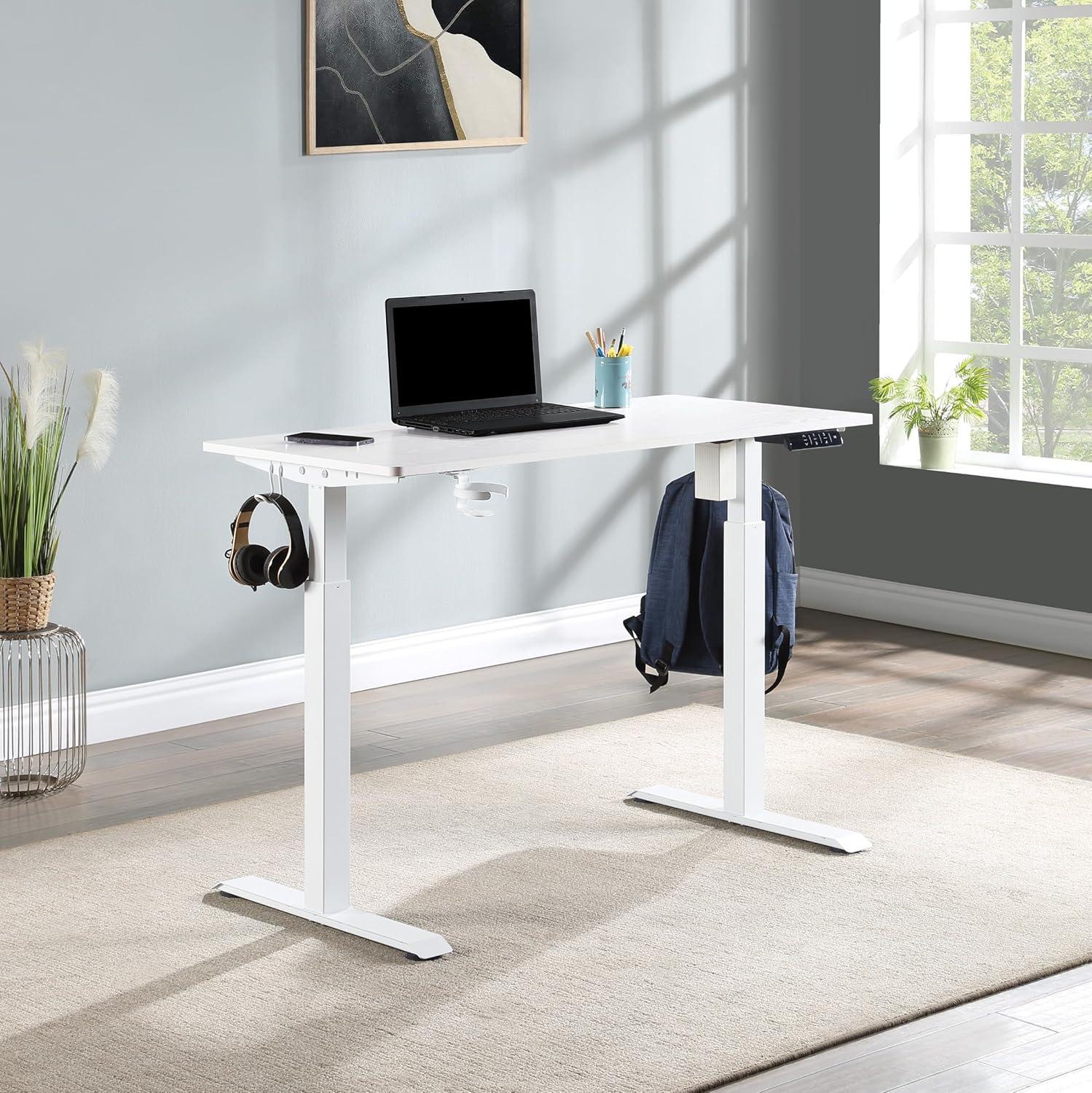 White Adjustable Height Standing Desk with USB Ports and Cup Holder