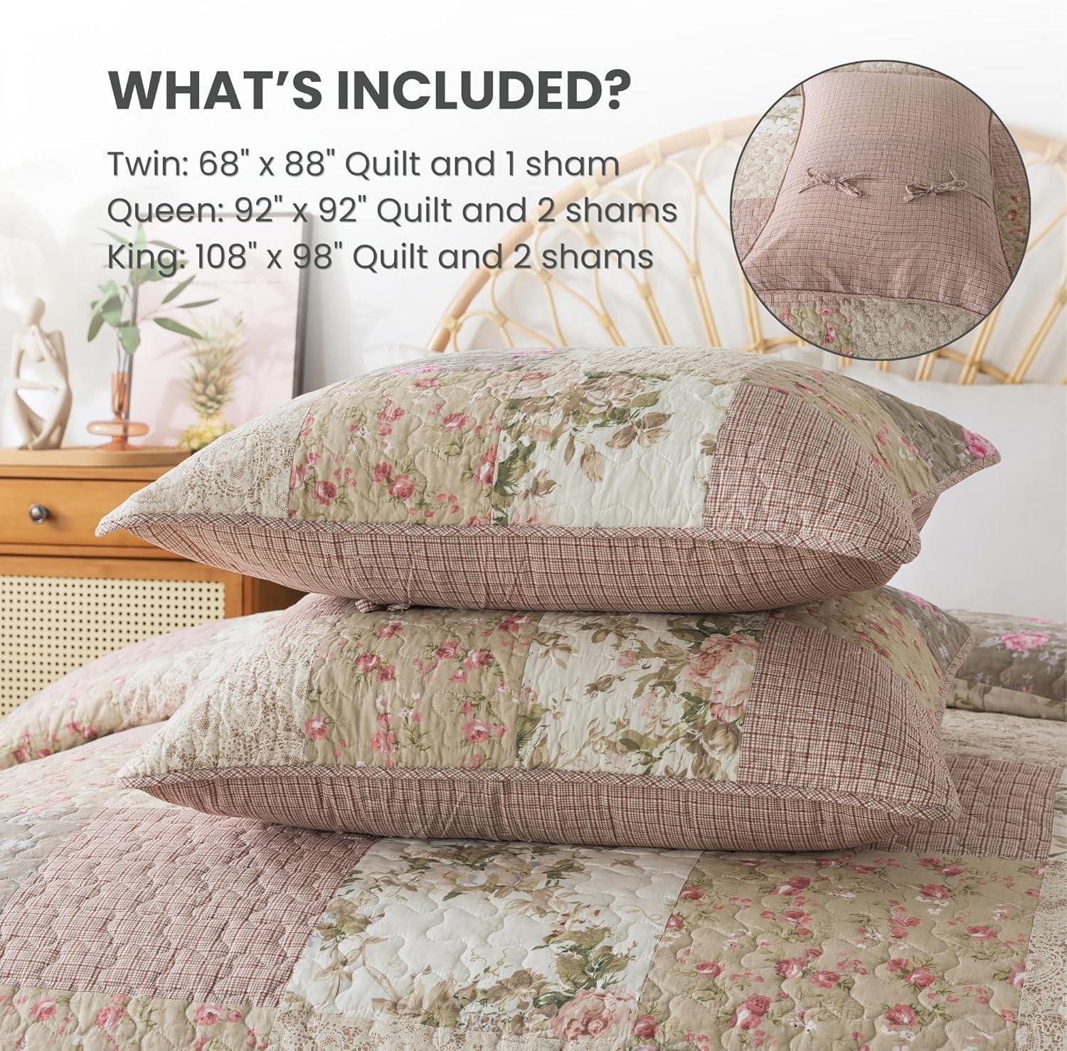 SLPR Secret Garden Patchwork Cotton Pieced Quilt Set - Twin with 1 Sham, Country Shabby Chic Bedding with Flower Pattern, Pink Floral Farmhouse Quilted Bedspread for All Seasons