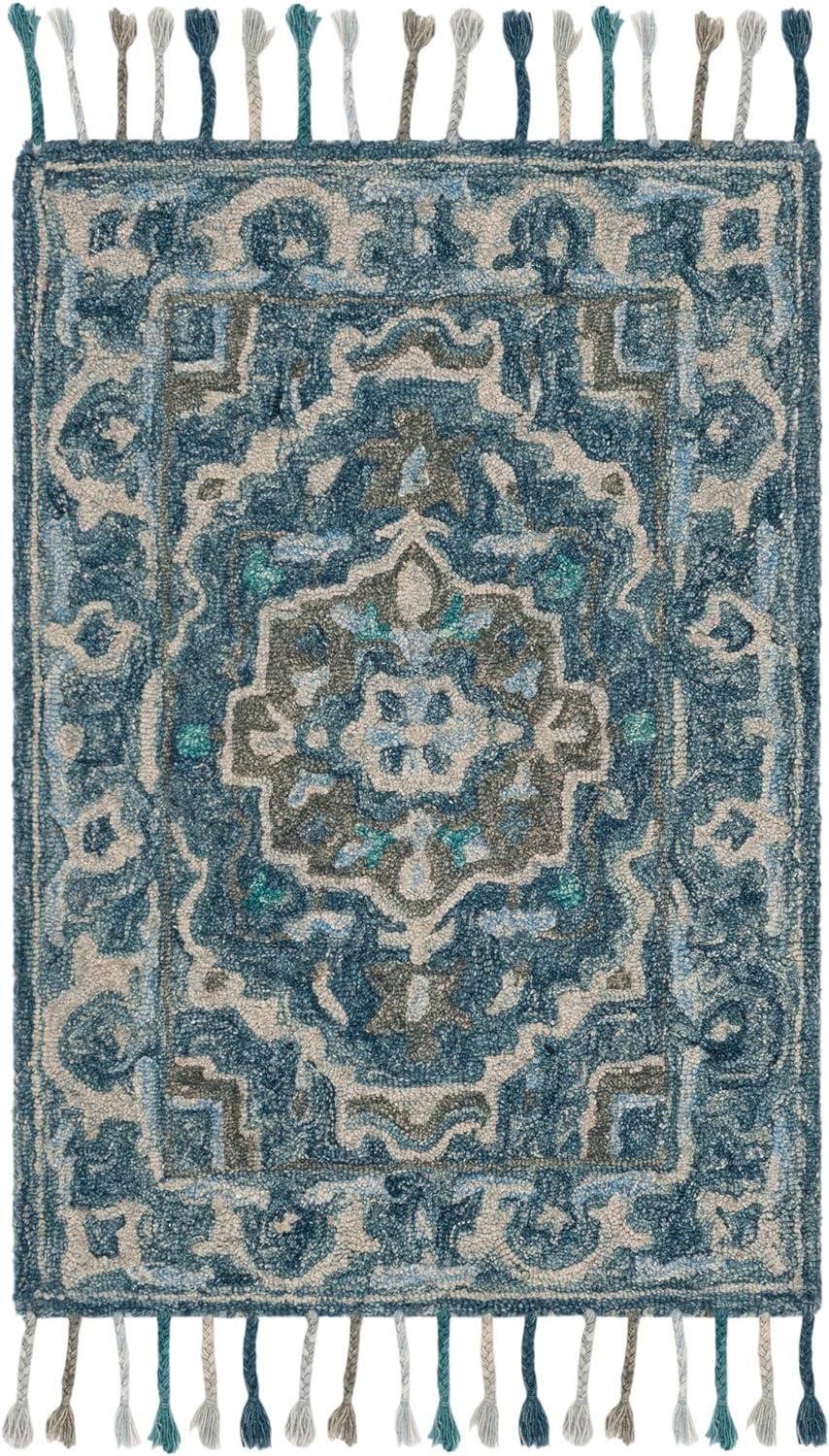 Bohemian Bliss Dark Blue Floral Hand-Tufted Wool Area Rug - 9' x 12'