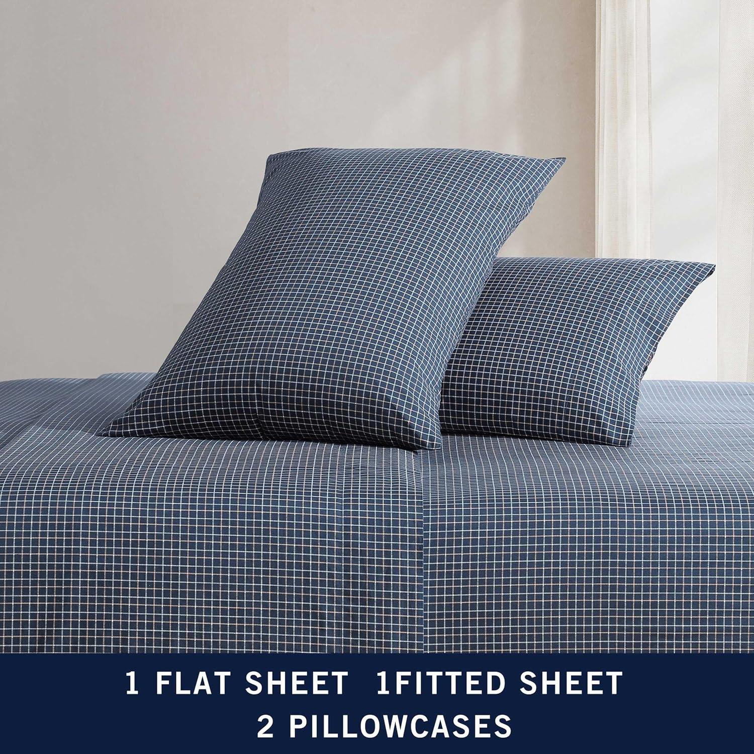 Full Deep Pocket Blue Plaid Cotton Percale Sheet Set