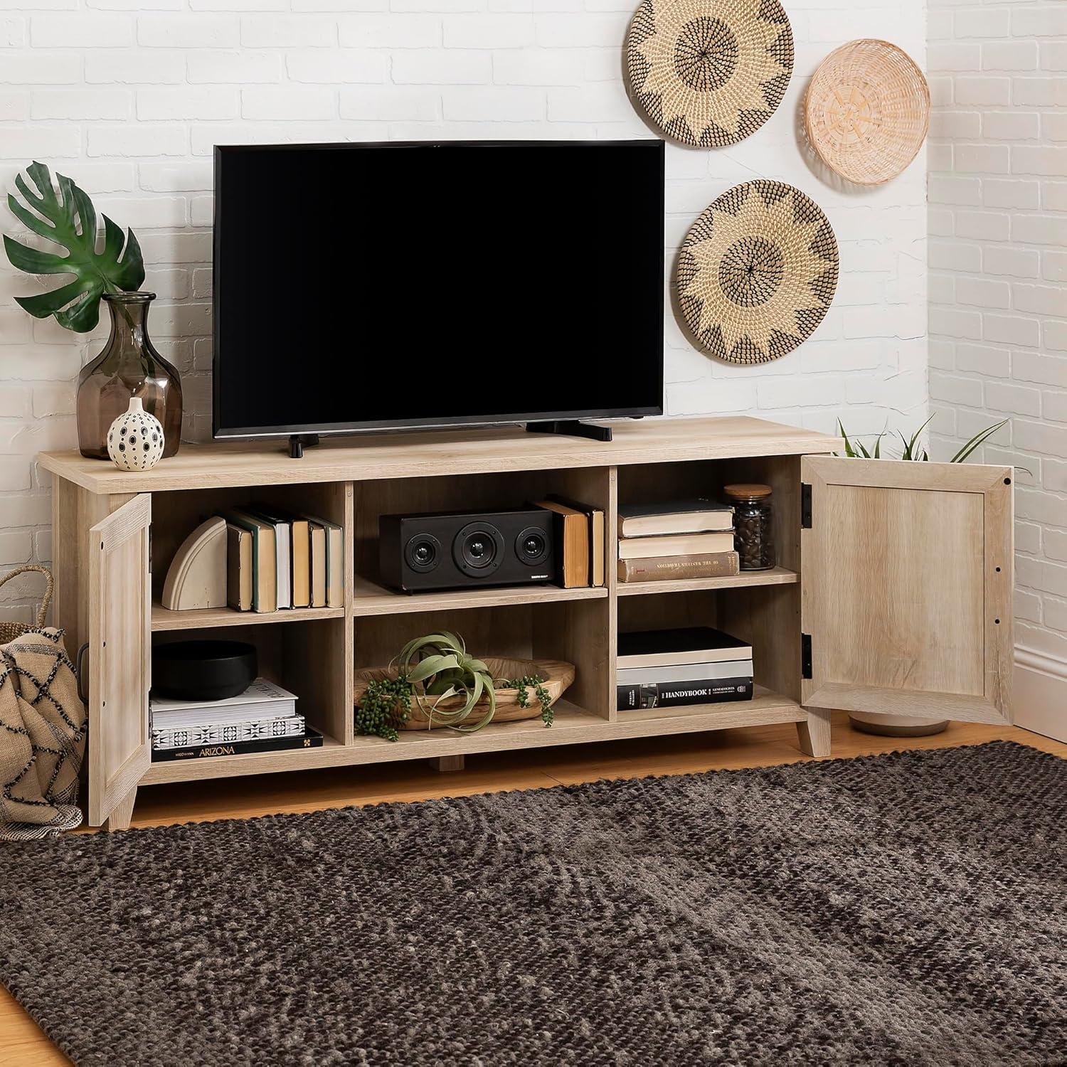 Transitional Grooved-Door 58" White Oak TV Stand with Cabinet