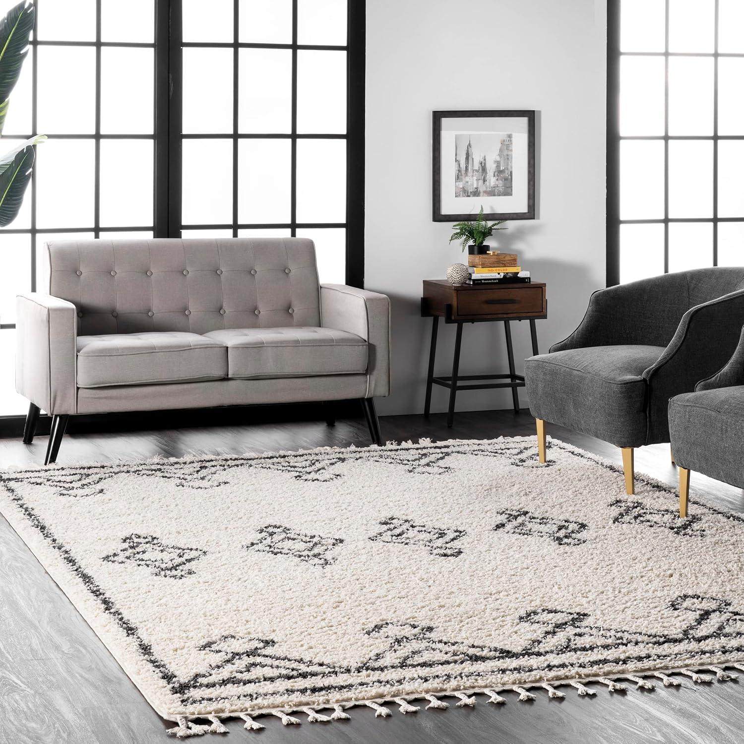 Off-White Synthetic Braided Shag Rug with Moroccan Tassels