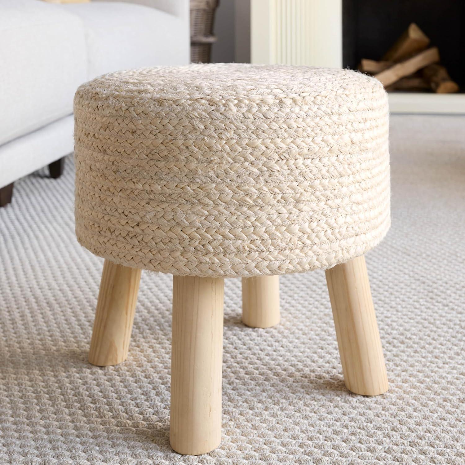 Cream Round Jute Pouf with Wooden Legs