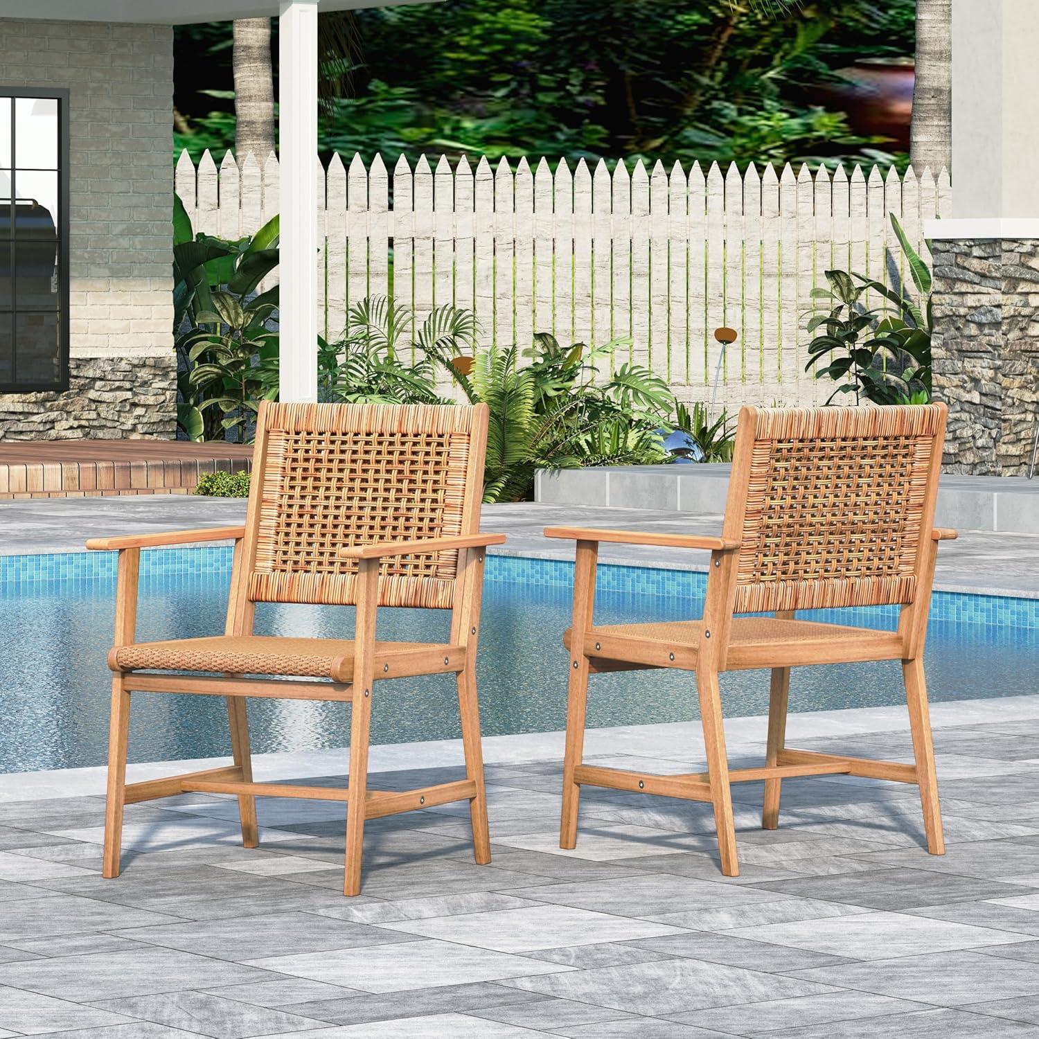 Brown Acacia Wood and Rattan Outdoor Dining Armchairs, Set of 2