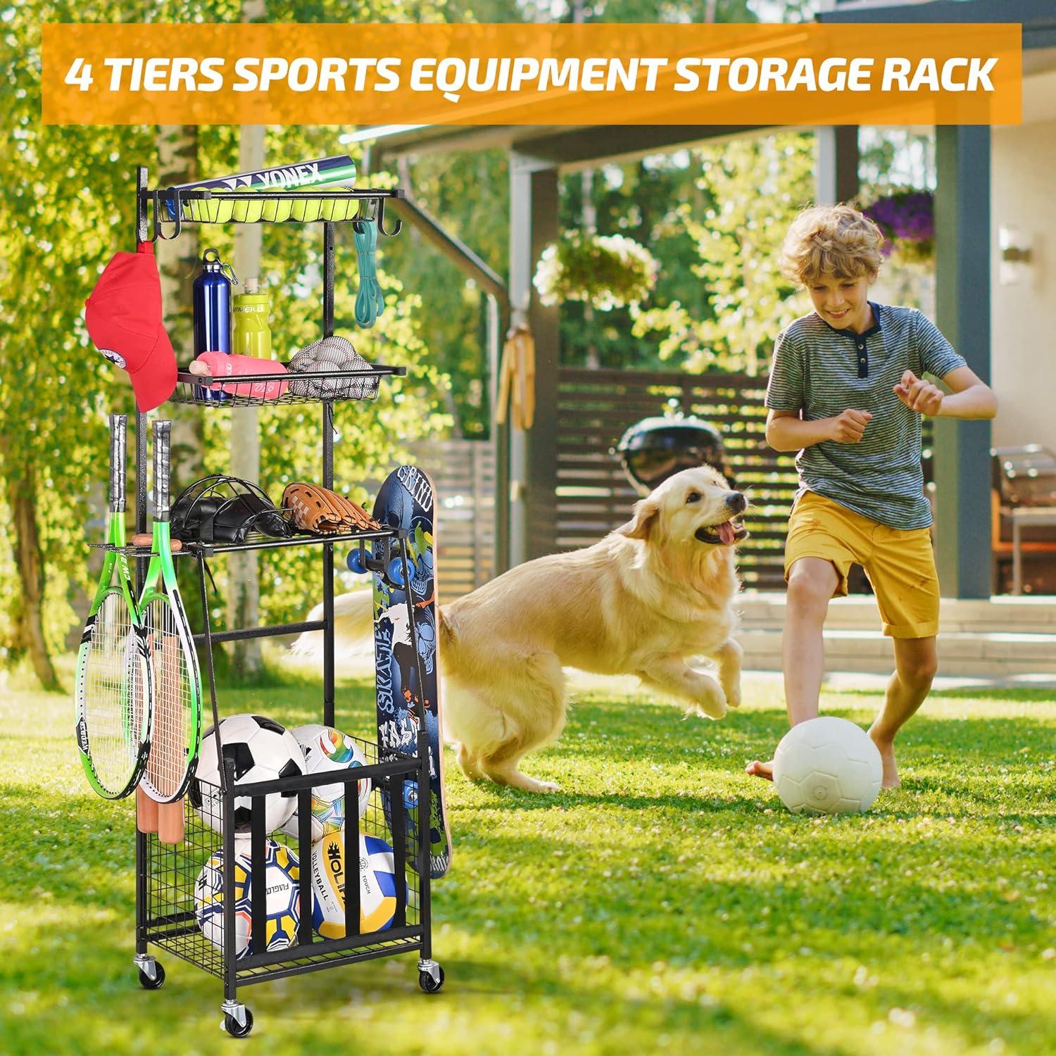 Black Steel Rolling Sports Gear Storage Rack with Mesh Shelves