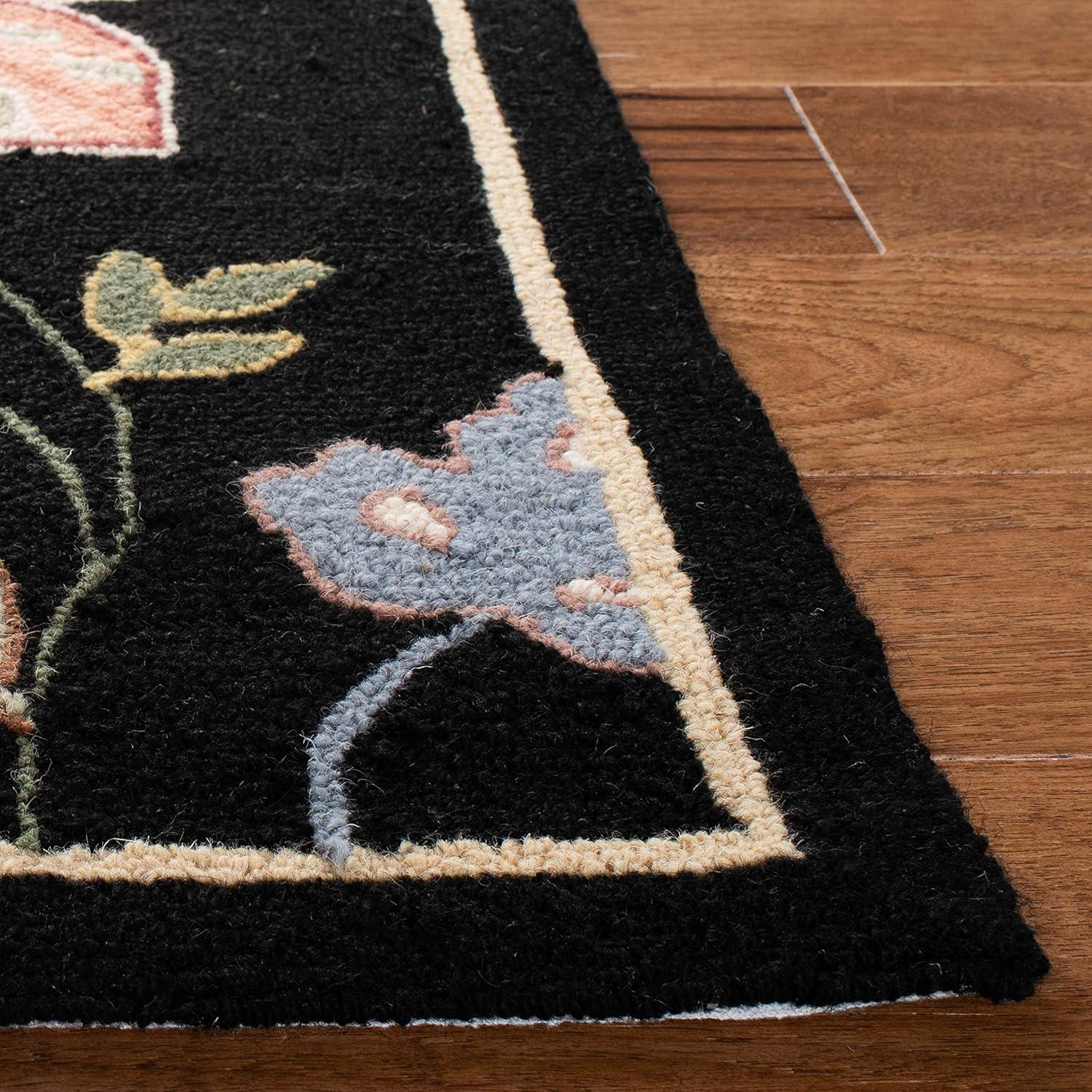 Handmade Black Floral Wool Area Rug 30"L x 20"W