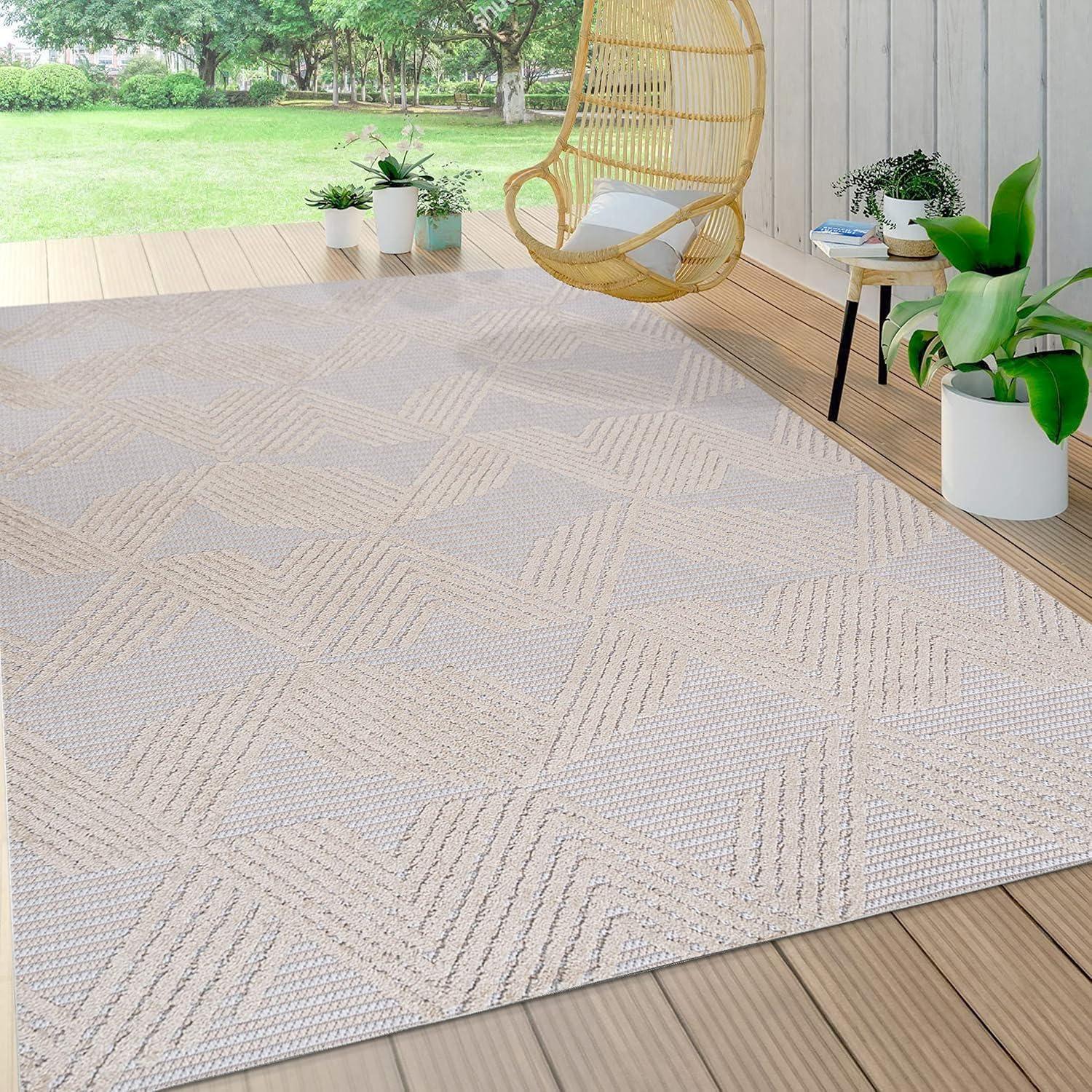 8'x10' Jazz High-Low Pile Art Deco Geometric Indoor/Outdoor Area Rug, Beige - JONATHAN Y