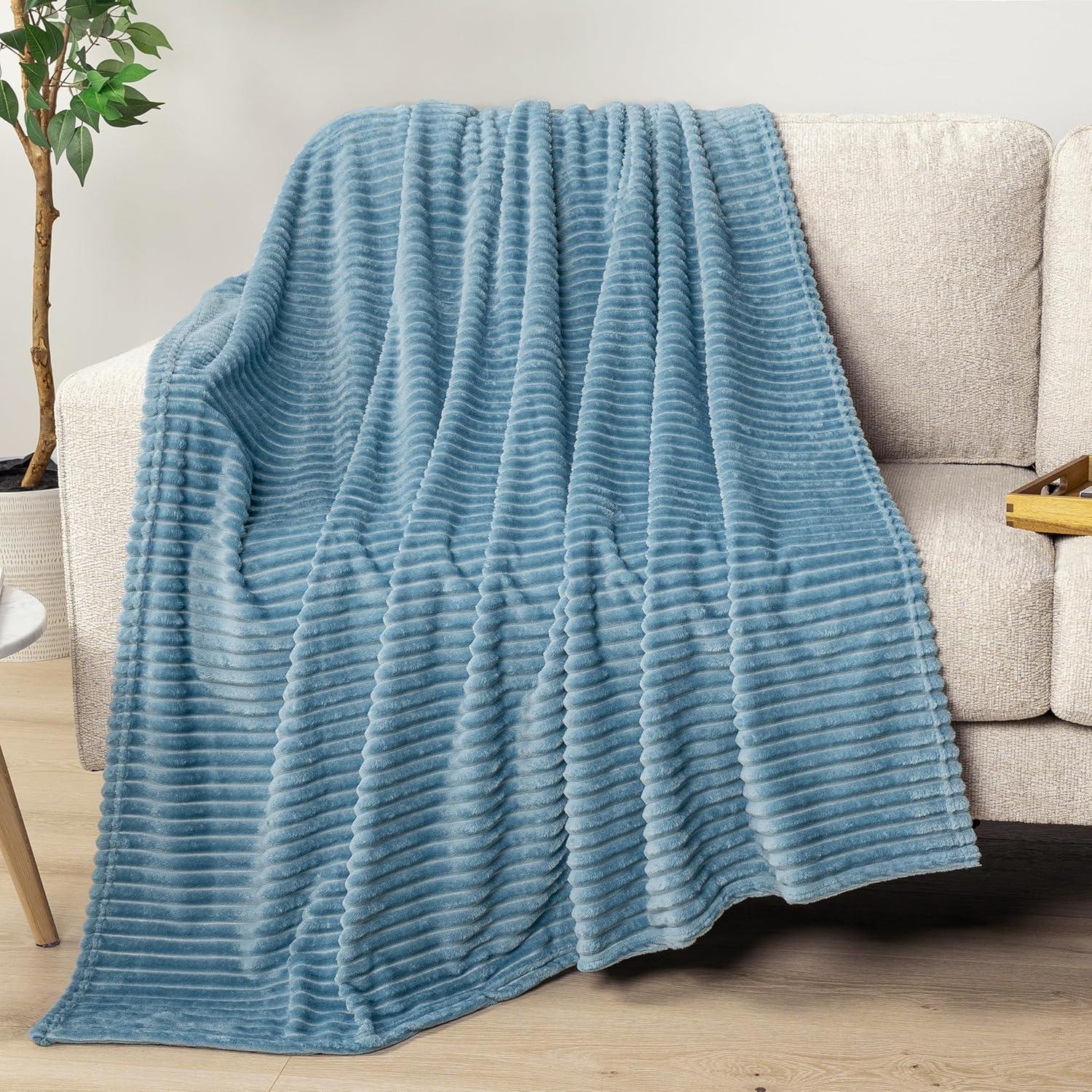 PAVILIA Super Soft Fleece Flannel Ribbed Striped Throw Blanket, Luxury Fuzzy Plush Warm Cozy for Sofa Couch Bed