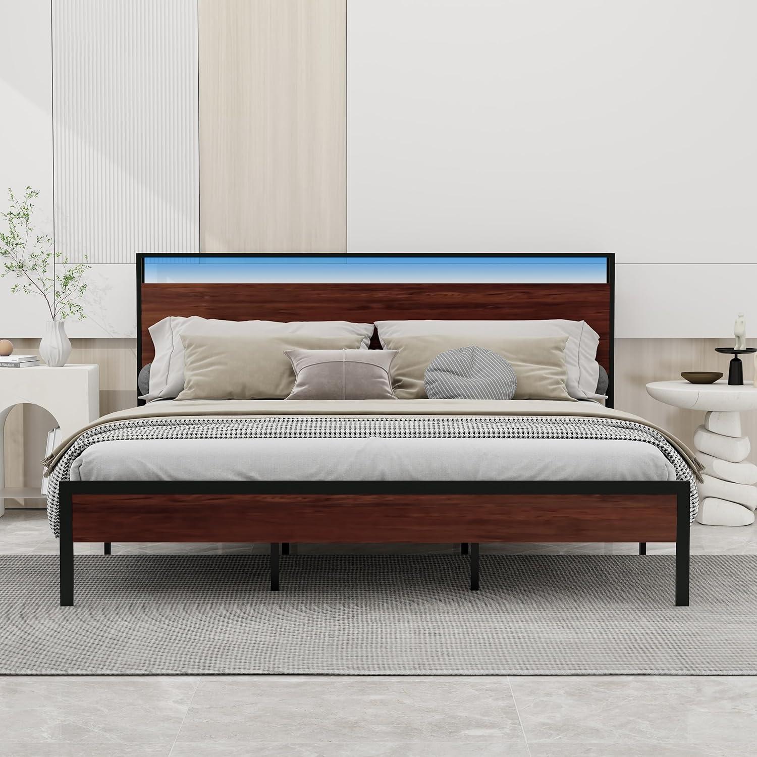 King Mahogany Metal Platform Bed Frame with LED Lighted Headboard