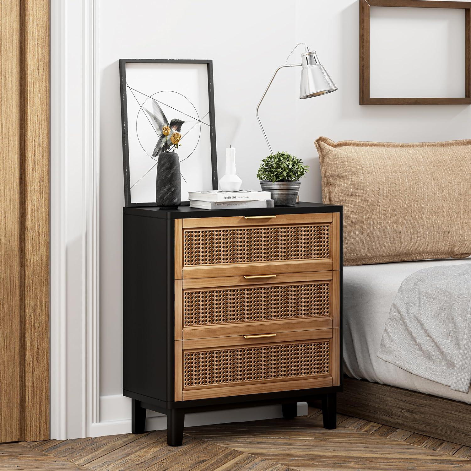 Black and Natural Cane 3-Drawer Nightstand with Brass Pulls