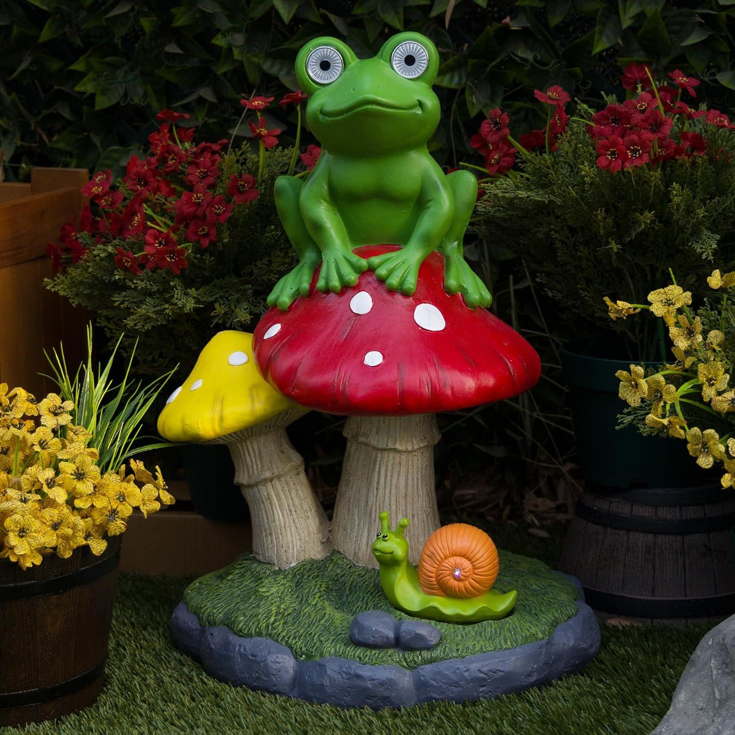 Solar Frog Sitting On Top of Mushroom Statue