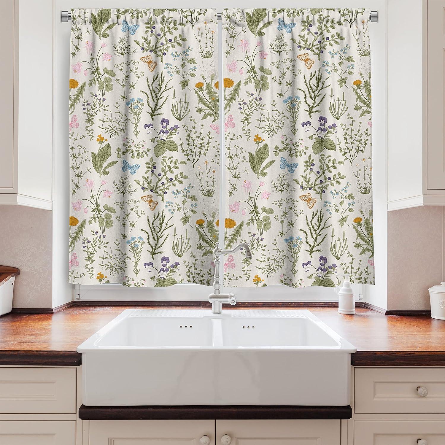 Ambesonne Floral Kitchen Curtains, Vintage Garden Plants, 55"x45", Reseda Green Beige