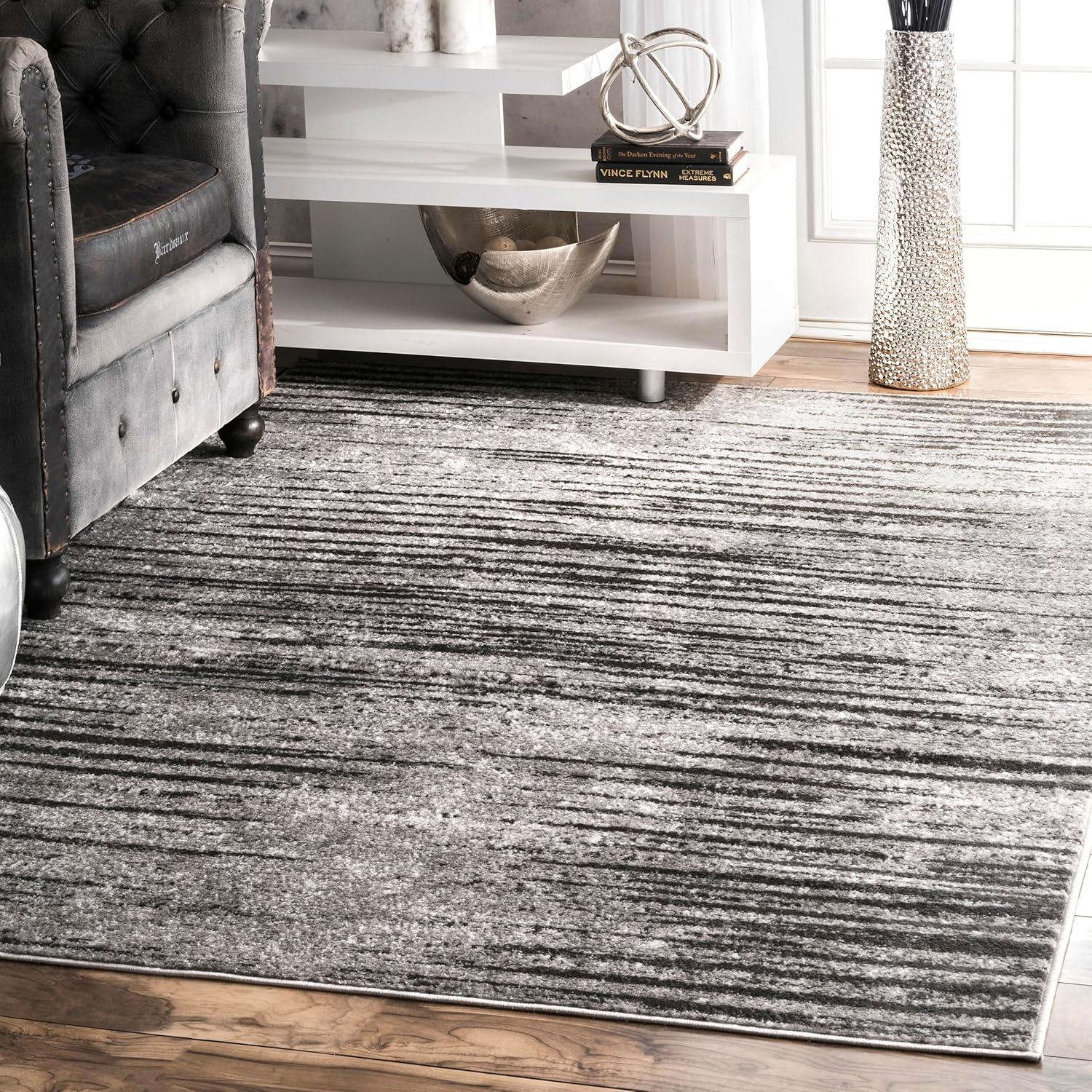 Gray Striped Synthetic Washable Reversible Area Rug