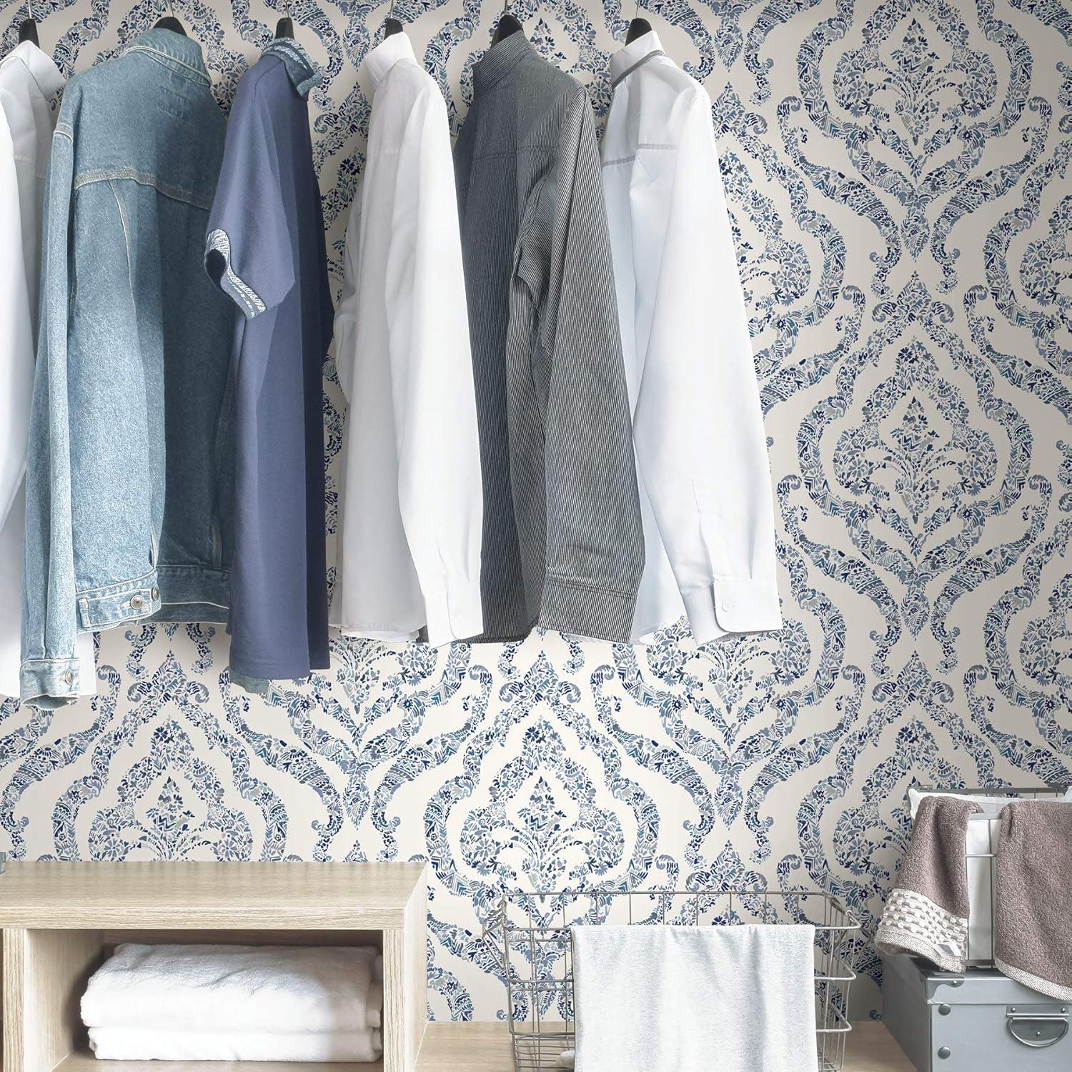 NuWallpaper Guildford Peel and Stick Wallpaper Blue: Removable Vinyl, Self-Adhesive, Smooth Finish, 28.2 Sq Ft Coverage