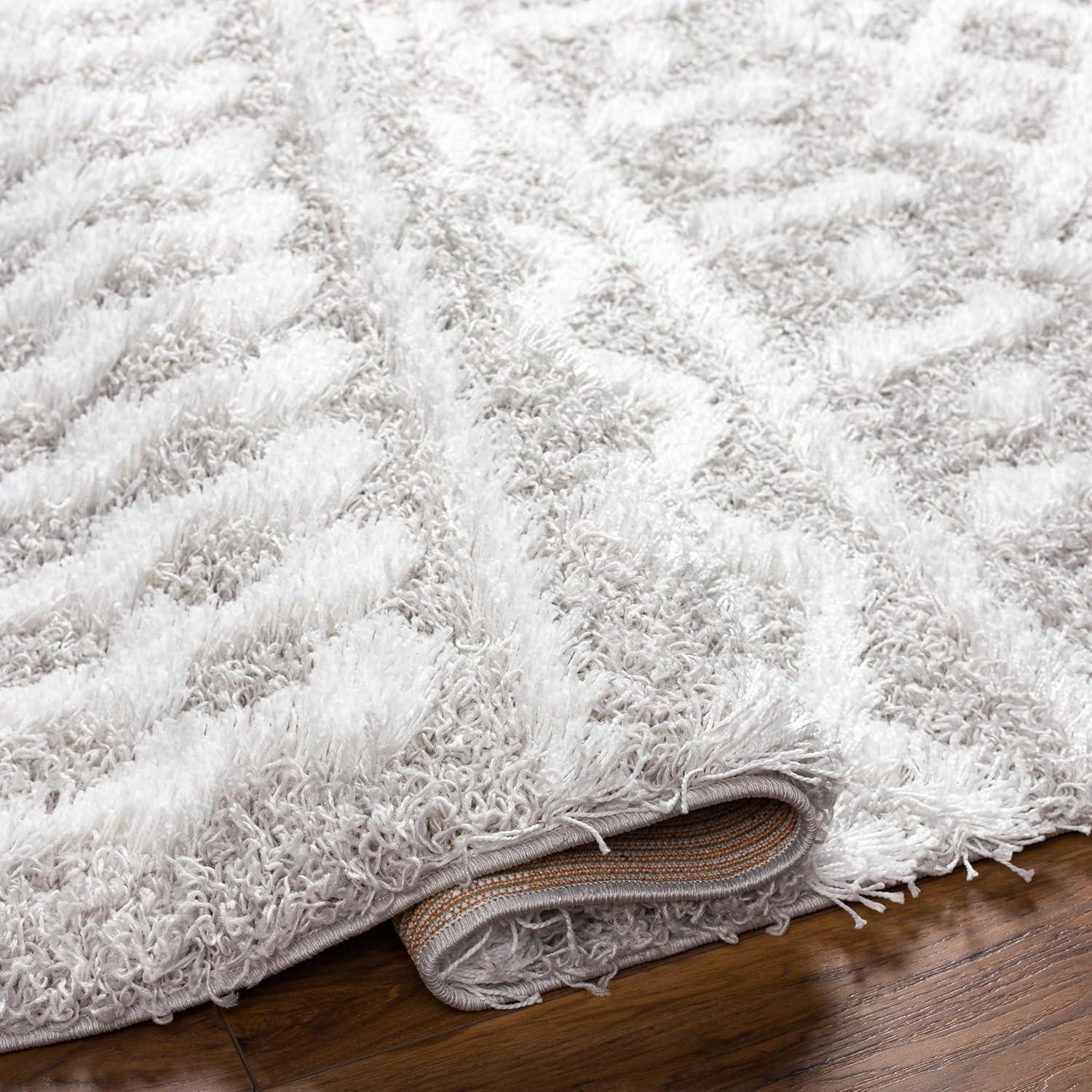 Large White and Light Gray Synthetic Shag Area Rug