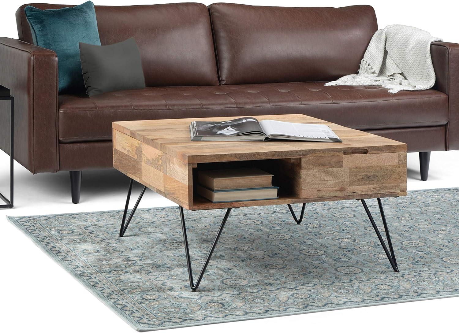 Natural Mango Wood Square Lift-Top Coffee Table with Storage