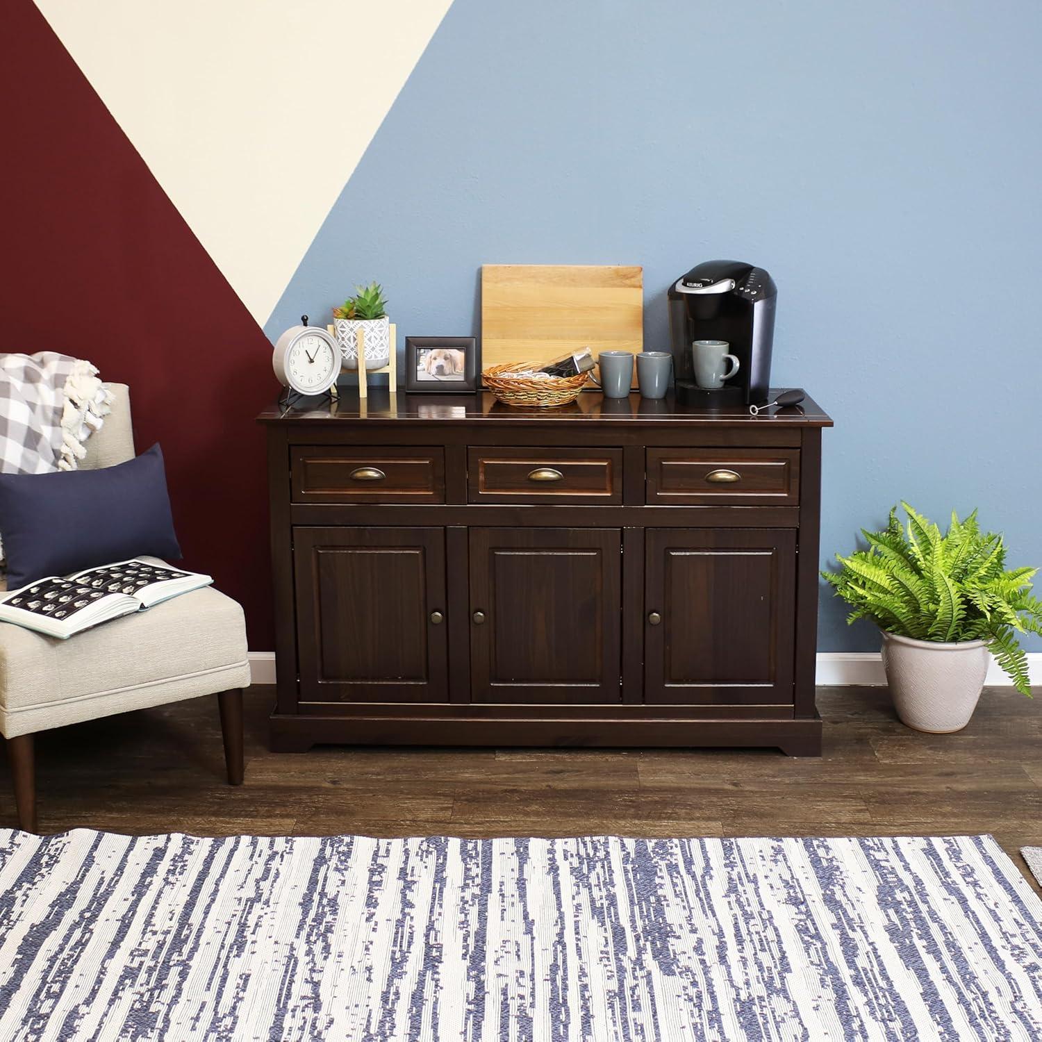 Sunnydaze Sideboard with 3 Drawers and 3 Doors - Solid Pine Construction - Dark Brown- 32"