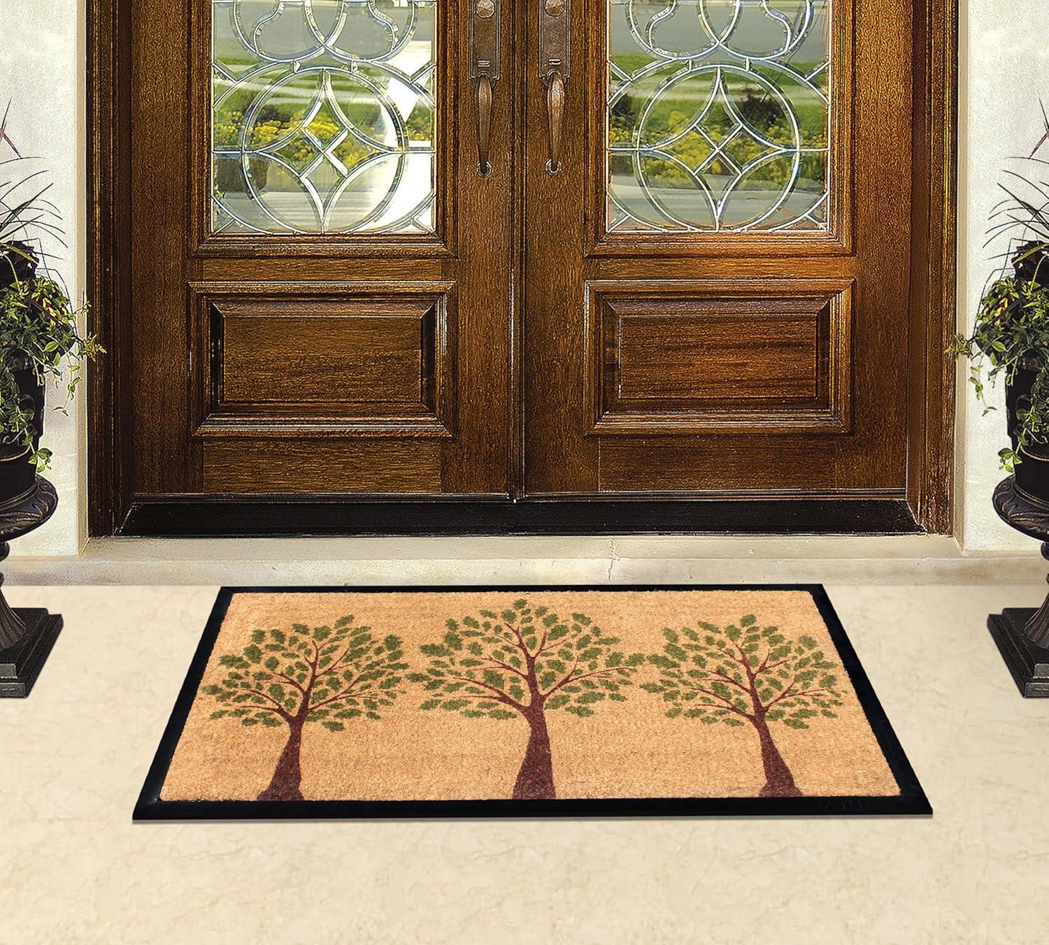 Hand-Crafted Green and Beige Coir Outdoor Doormat