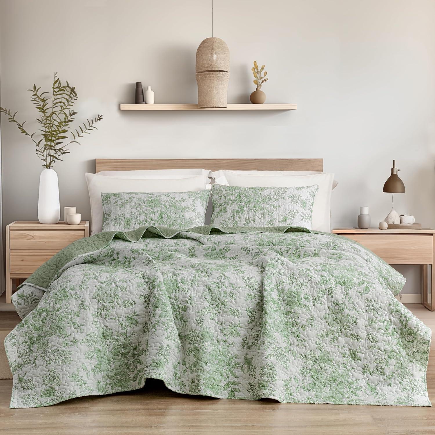 Sage Green Floral Cotton King Quilt Set