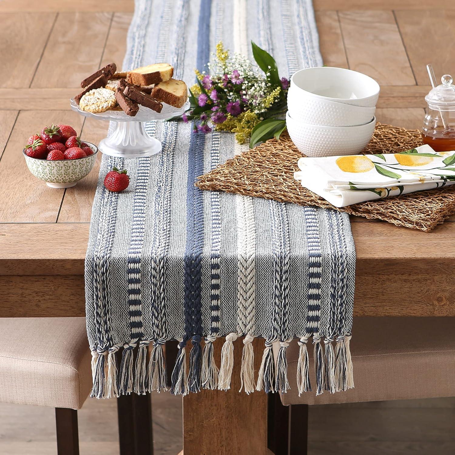 French Blue Braided Stripe Table Runner 15x72