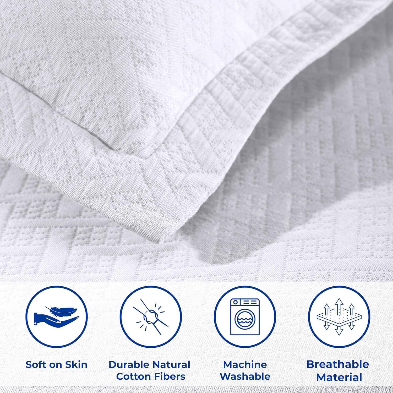 Superior 100% Cotton Basket Weave Bedspread 3 Piece Set, Full, White