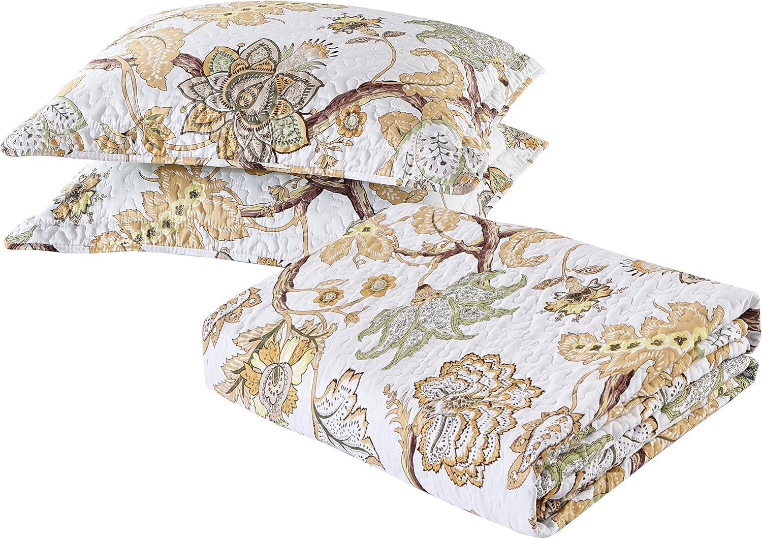 All American Collection New 3-Piece Printed Modern Floral Bedspread Coverlet (Oversized Queen, Yellow)