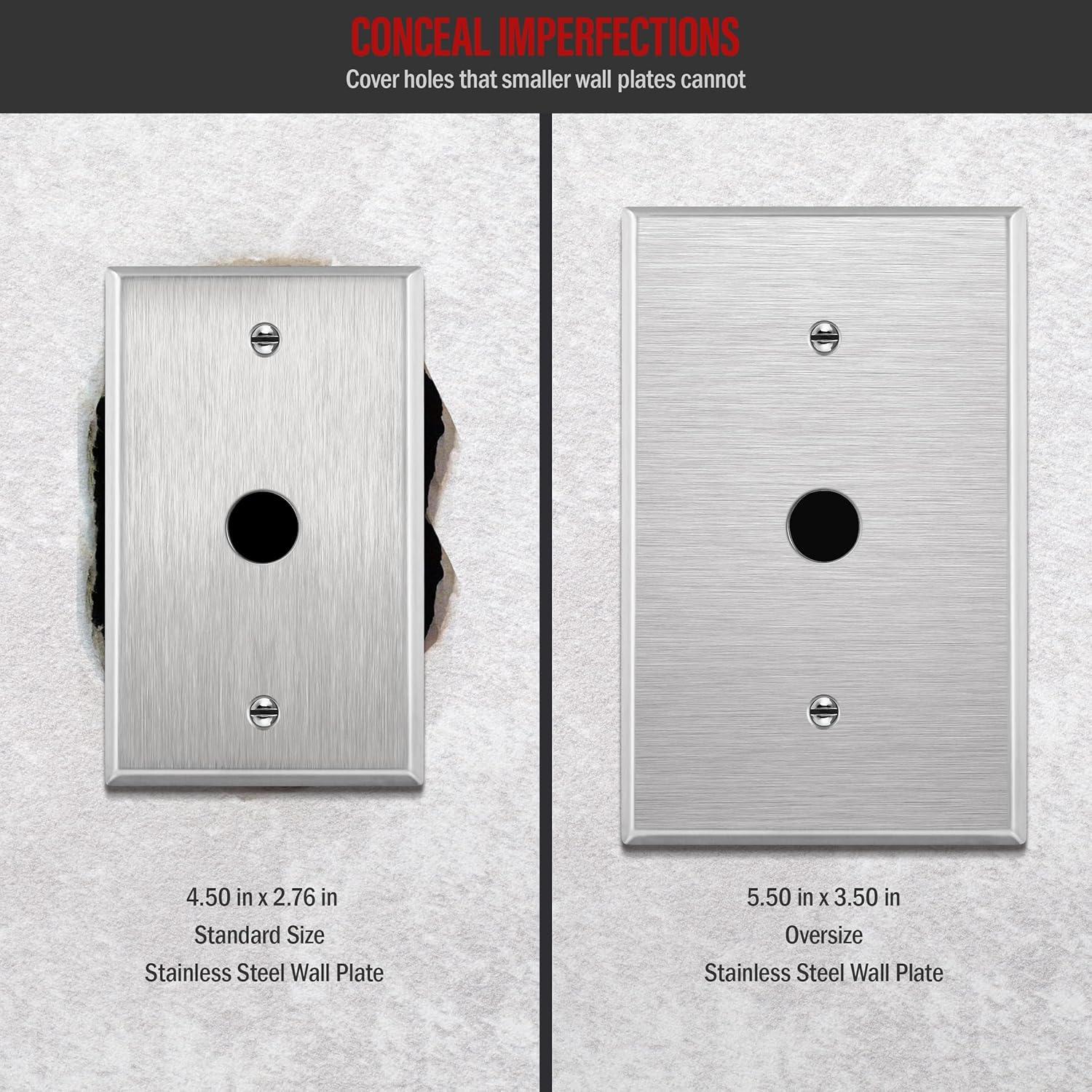ENERLITES 1.406" Hole Single Receptacle Outlet Metal Wall Plate, Corrosive Resistant, Over Size 1-Gang 5.5" x 3.5", 7751O, 430 Stainless Steel, UL Listed, Silver
