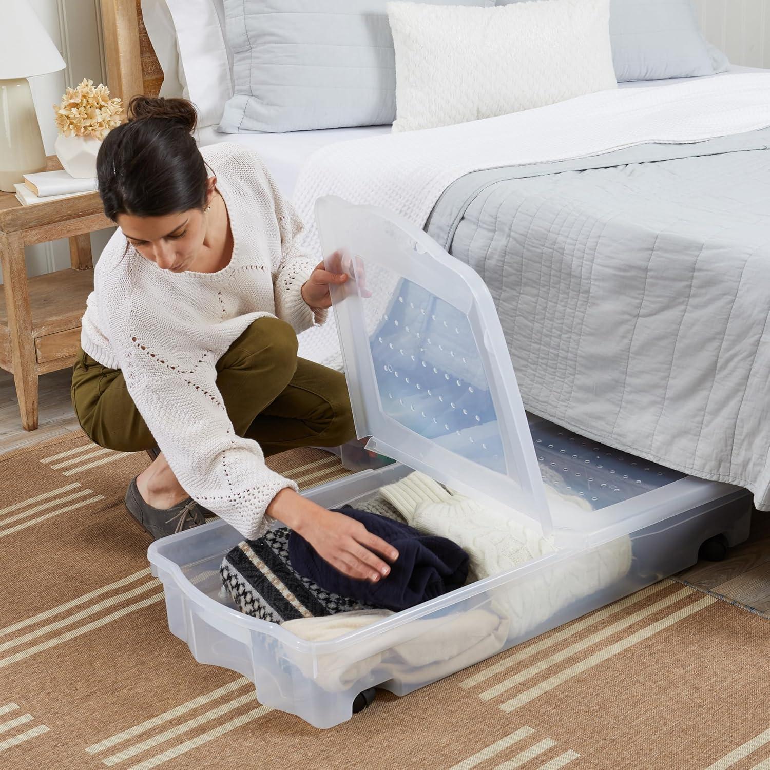 Rubbermaid Under Bed Wheeled Storage Box, 2-Pack, Made In USA, Plastic Containers With Dual-Hinged Lids And Sturdy Wheels, Visible Organization For Tight Spaces