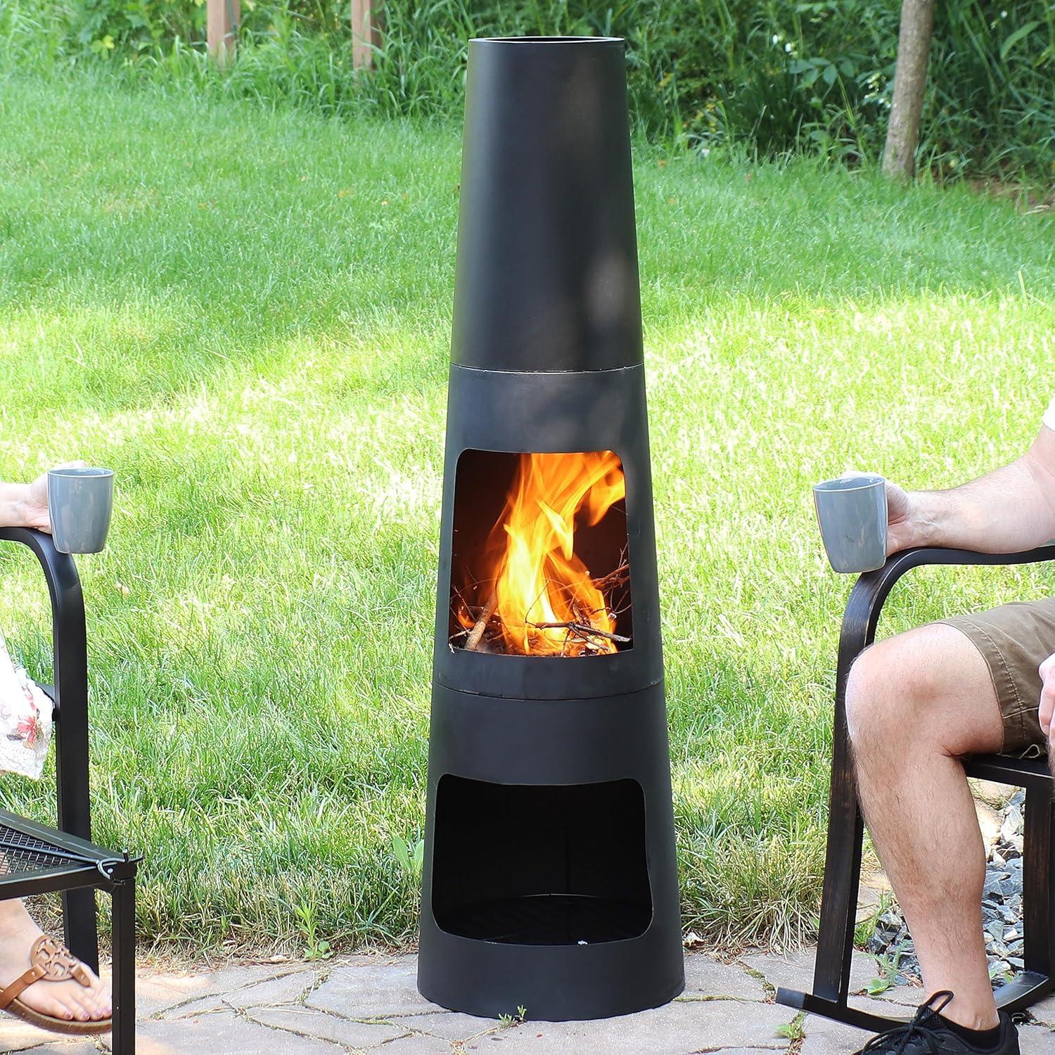 Sunnydaze Outdoor Backyard Heavy-Duty Steel Modern Wood-Burning Fire Pit Chiminea with Built-In Log Storage - 49" - Black