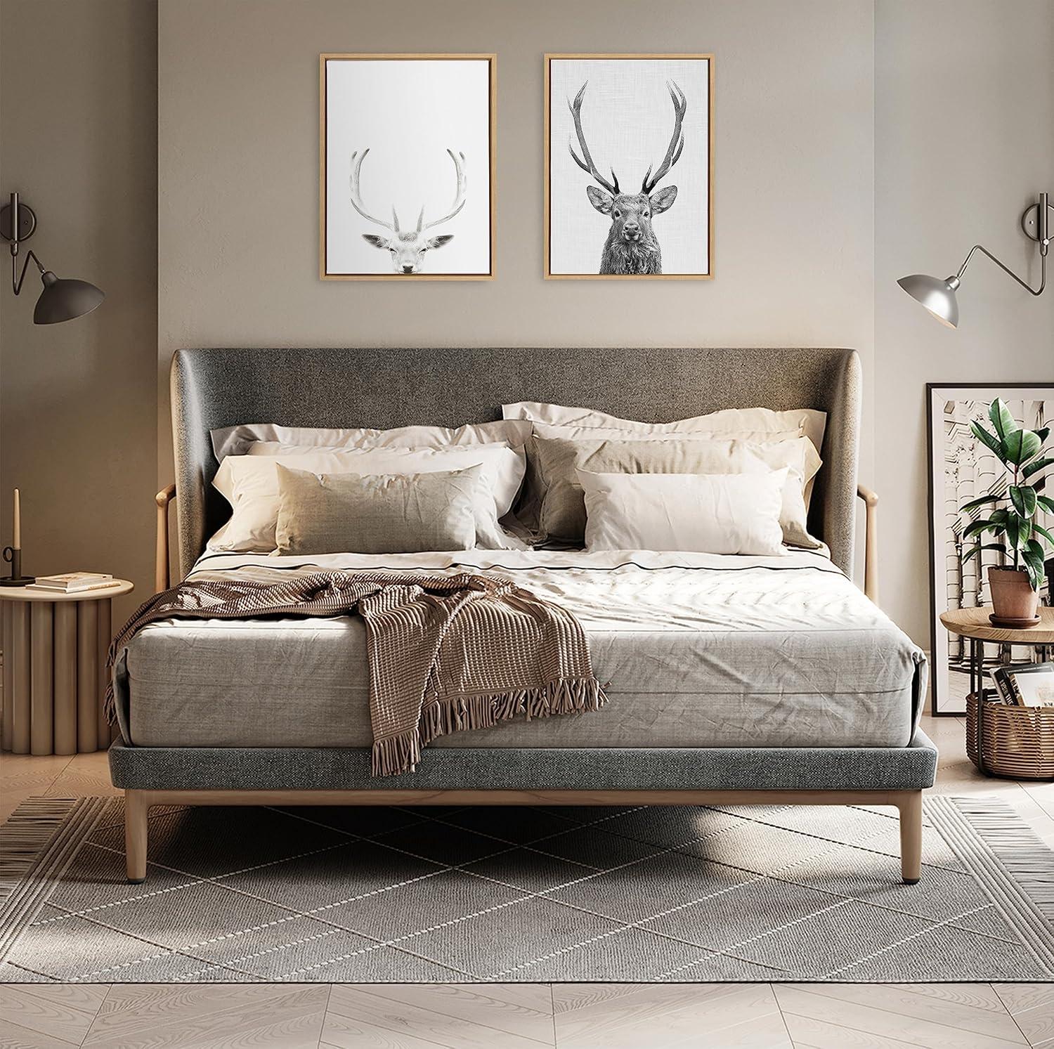 Kate and Laurel Sylvie The Red Deer BW Framed Canvas Wall Art by Simon Te of Tai Prints, 18x24 Natural, Black and White Forest Deer Portrait Art