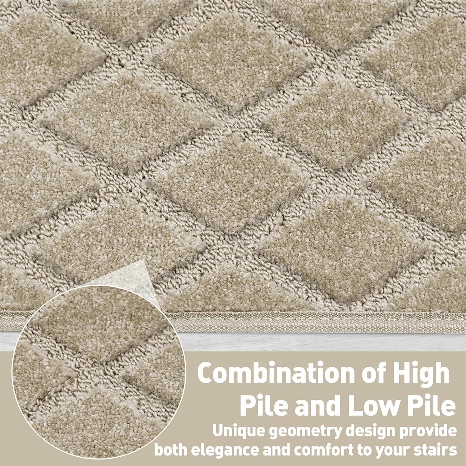 PURE ERA Bullnose Carpet Stair Treads Protectors for Wooden Steps 9.5" x 30"x1.2" Pet Friendly Tape Free Non-Slip (Set of 14 Pieces,Cream Gray Diamond Trellis)