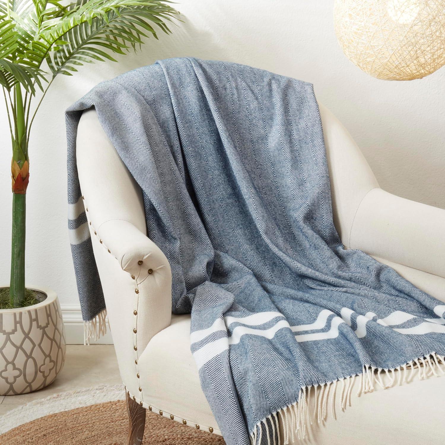 Saro Lifestyle Trendy Stripe and Herringbone Fringed Throw, Blue, 50"x60"