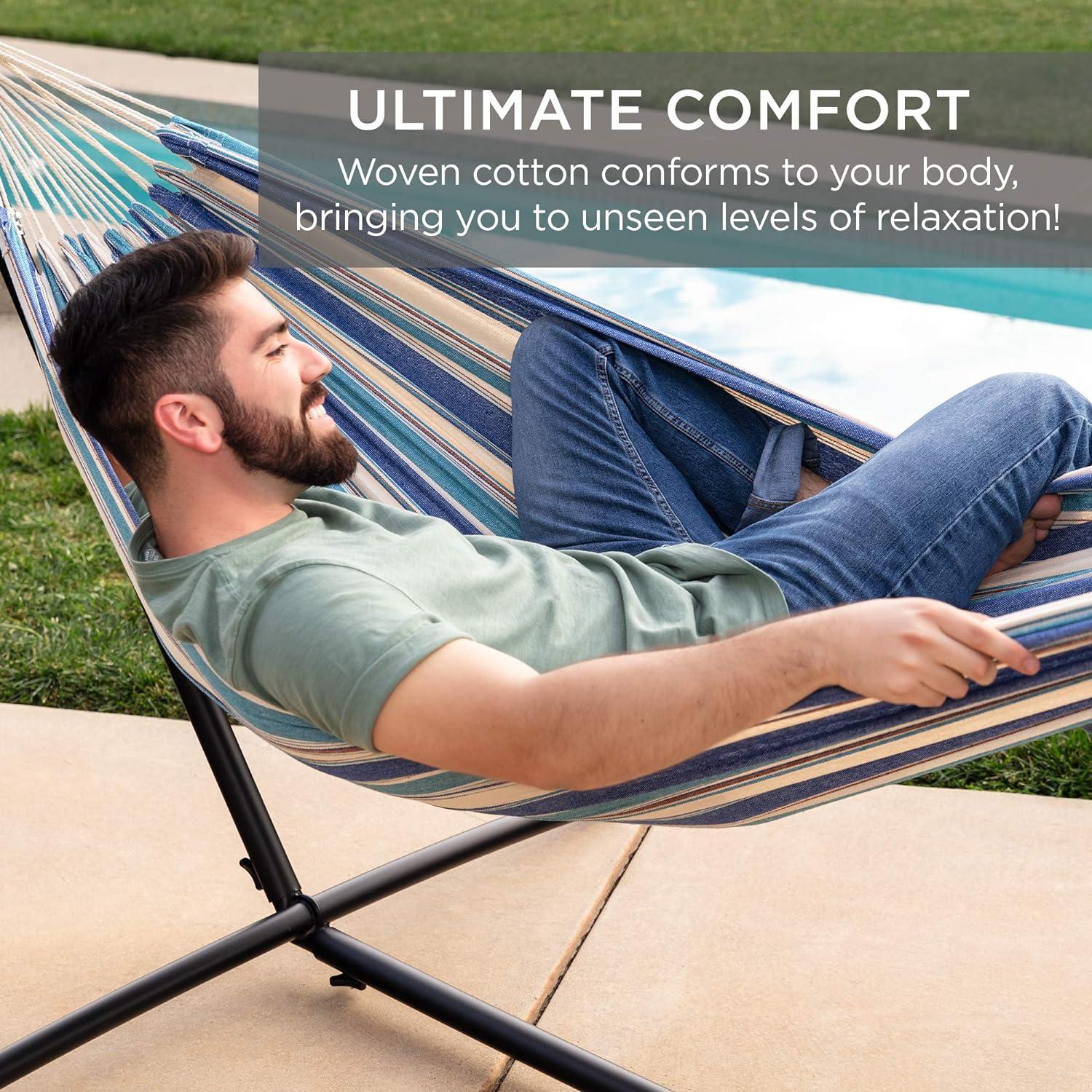 Knutsford 2-Person Brazilian-Style Cotton Double Hammock with Stand Set w/ Carrying Bag