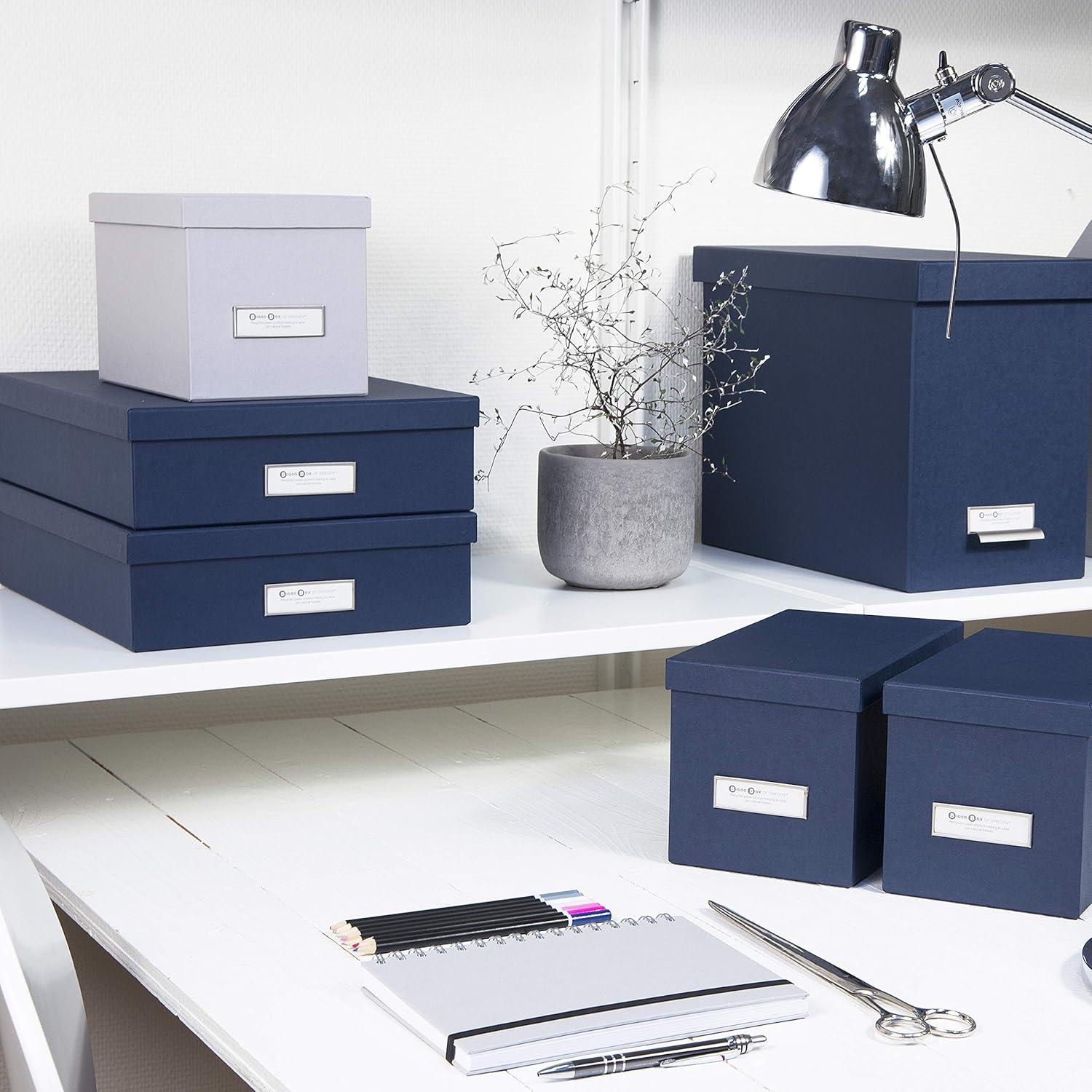 Navy Blue Fiberboard Document Storage Box with Lid and Label Holder