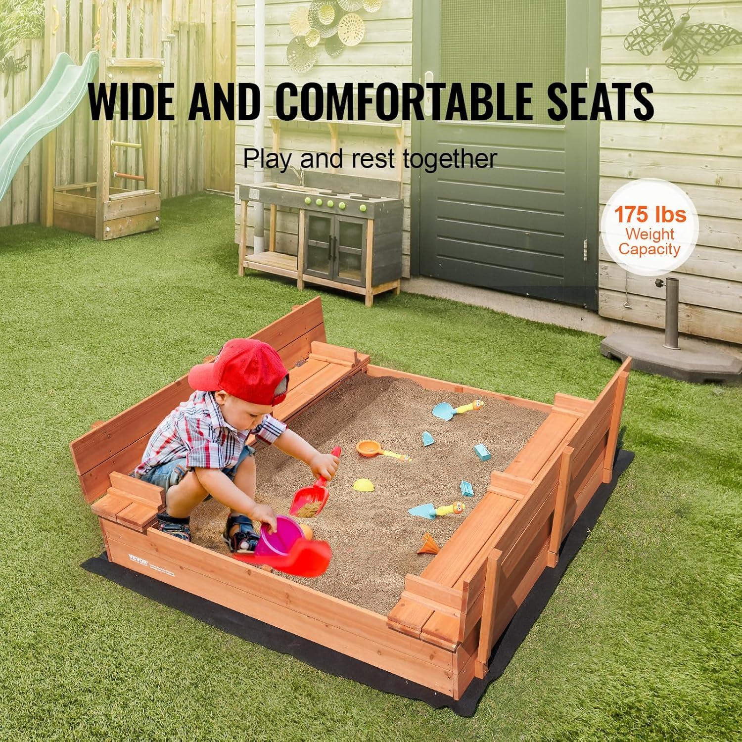 Natural Fir Wood Square Sandbox with Foldable Bench Seats