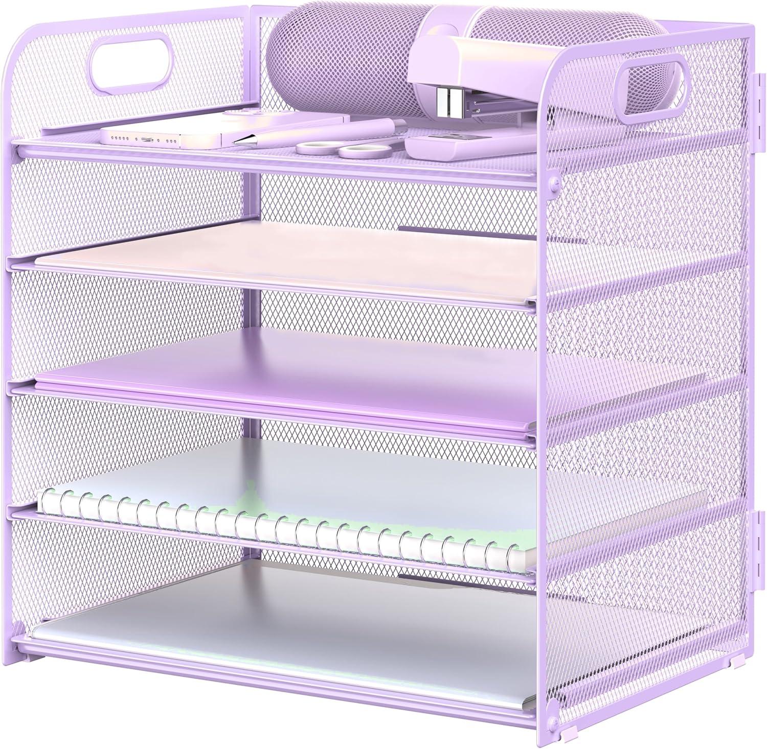 Marbrasse Paper Organizer Letter Tray, 5 Tier Mesh File Organizer with Handle, Paper Sorter Desk Organizer for Home Office Supplies - Purple