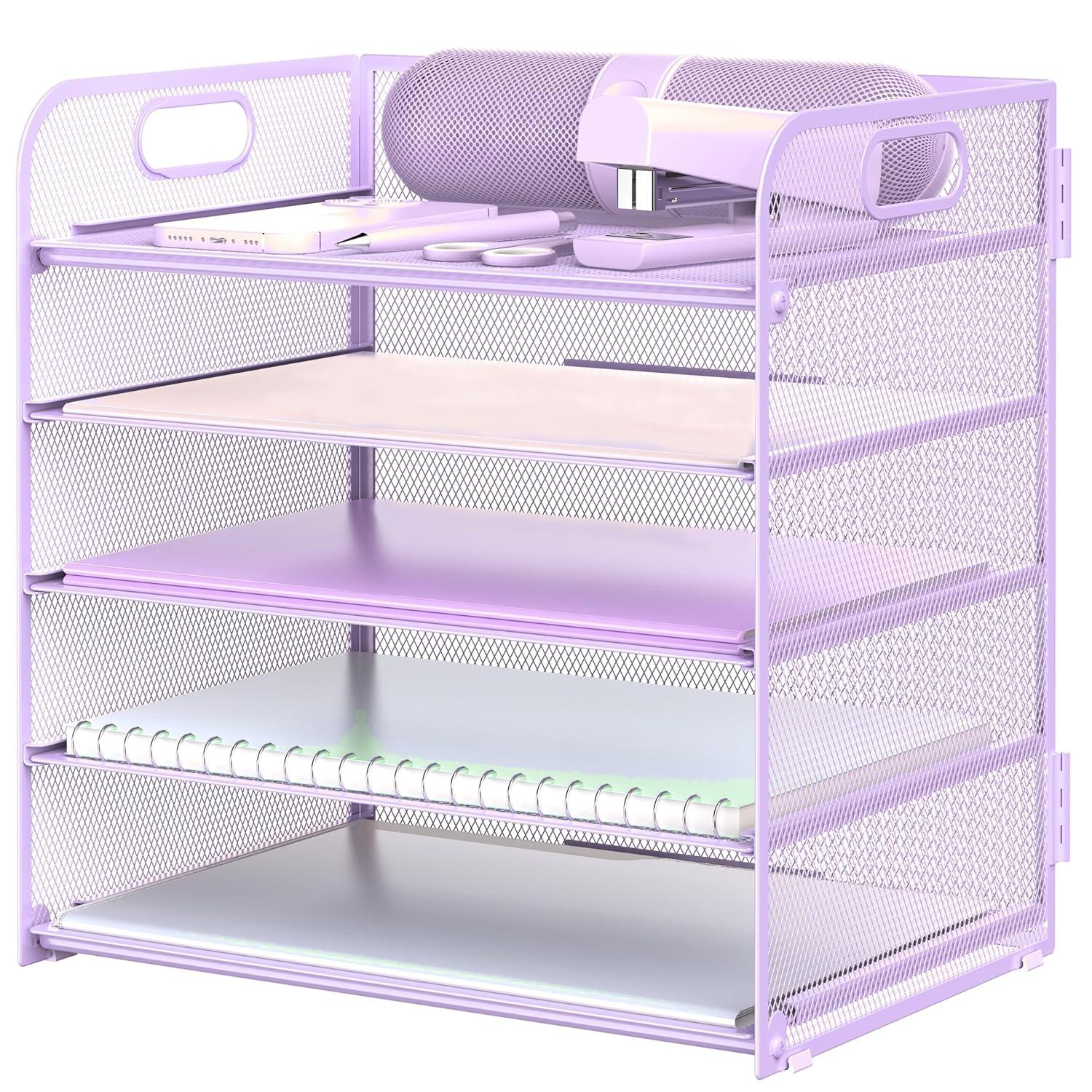 Marbrasse Paper Organizer Letter Tray, 5 Tier Mesh File Organizer with Handle, Paper Sorter Desk Organizer for Home Office Supplies - Purple