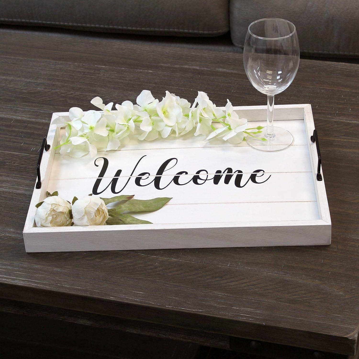 Elegant Designs 15.5" x 12" Decorative Wood Serving Tray, "Welcome", White Wash