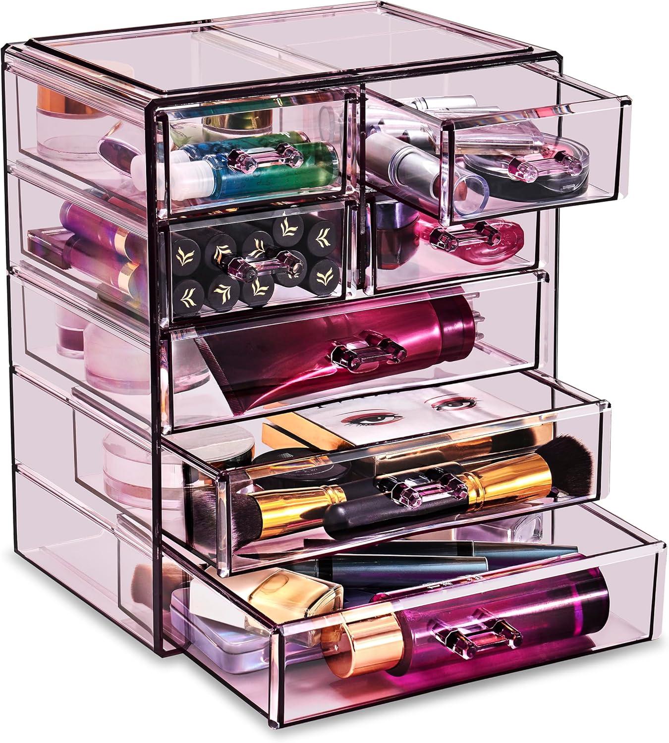 Sorbus Acrylic Makeup Organizer Case - Big Clear Makeup Organizer for Vanity, Bathroom, College Dorm, Closet, Desk (Purple)