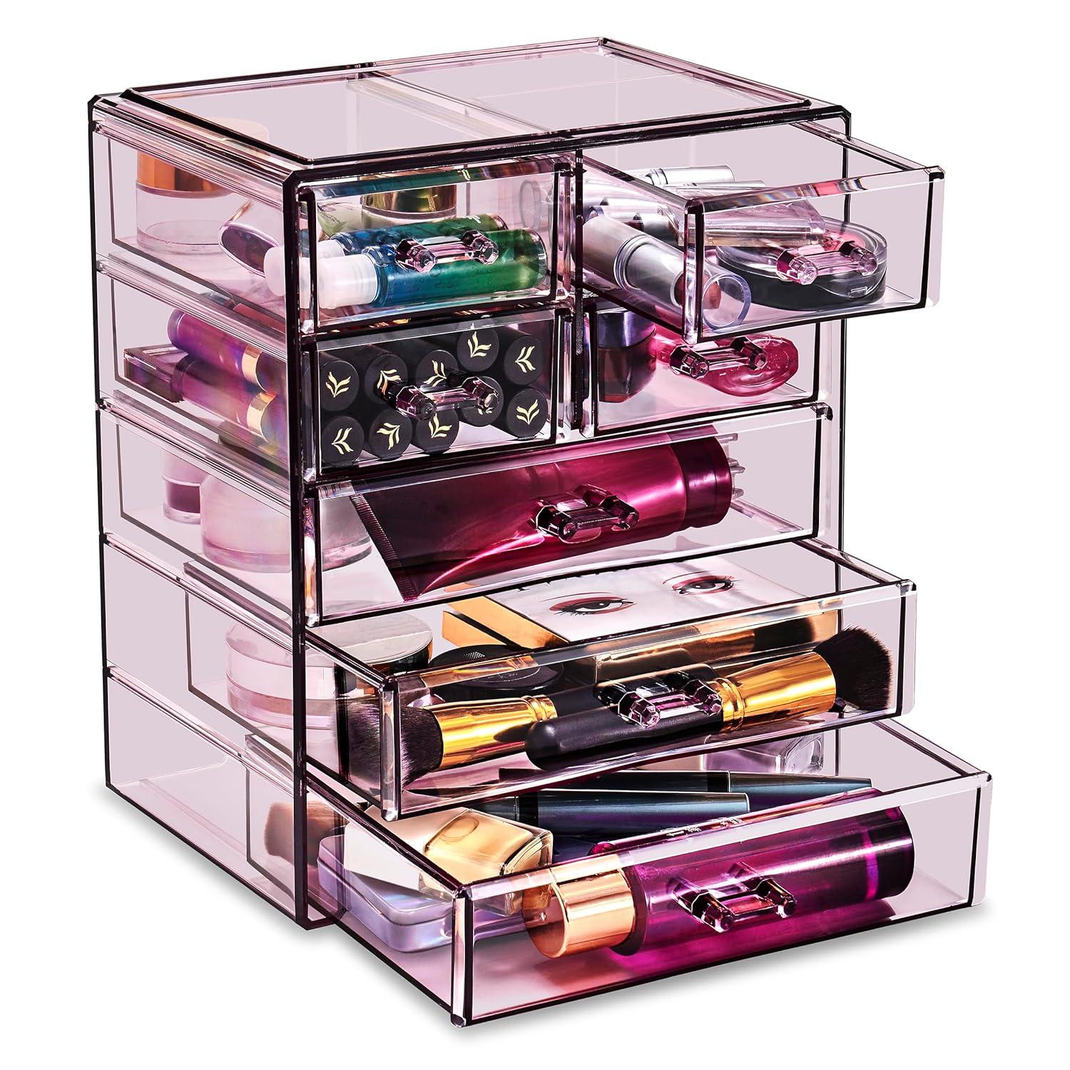Sorbus Acrylic Makeup Organizer Case - Big Clear Makeup Organizer for Vanity, Bathroom, College Dorm, Closet, Desk (Purple)