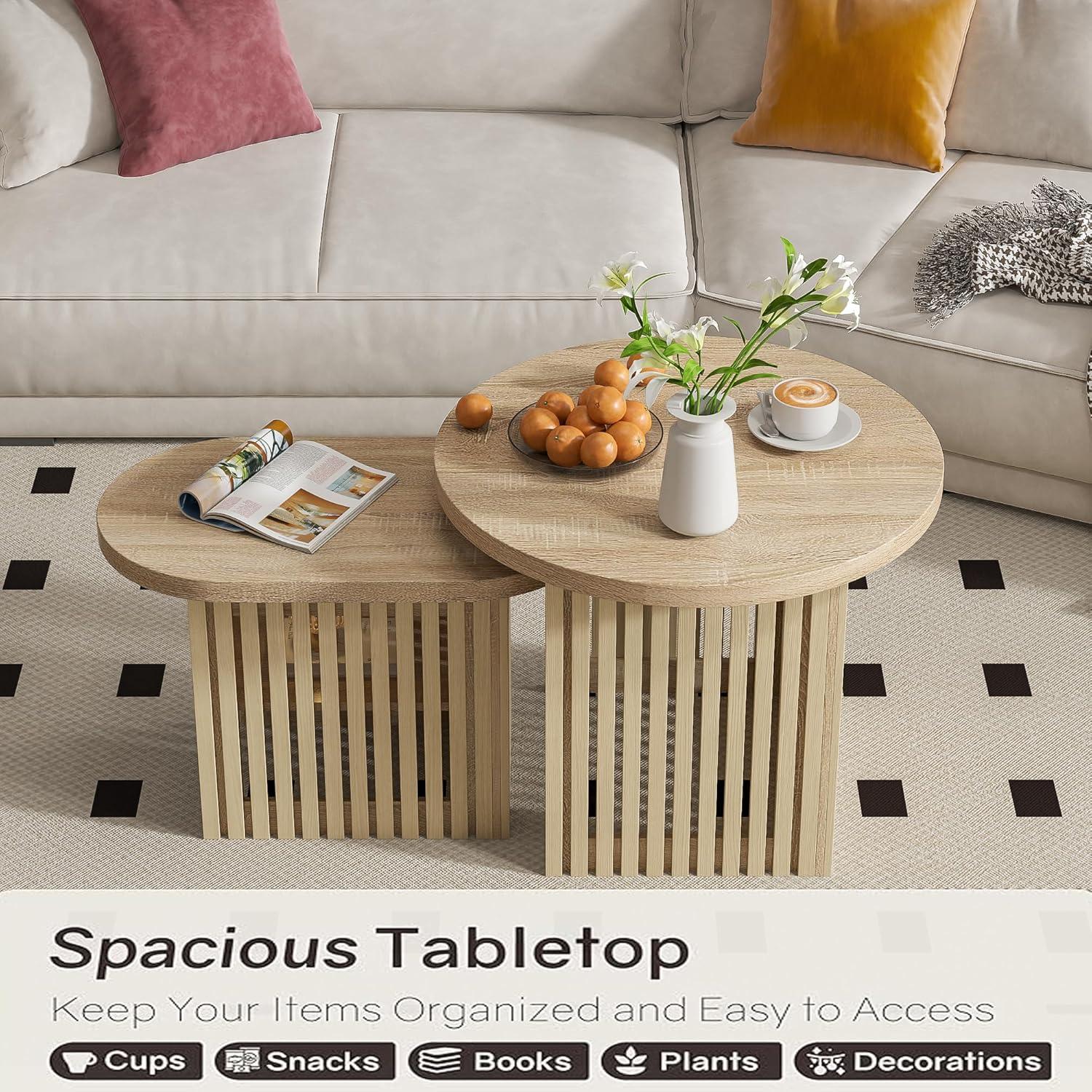 Natural Wood Round Nesting Coffee Table Set with Fluted Panels