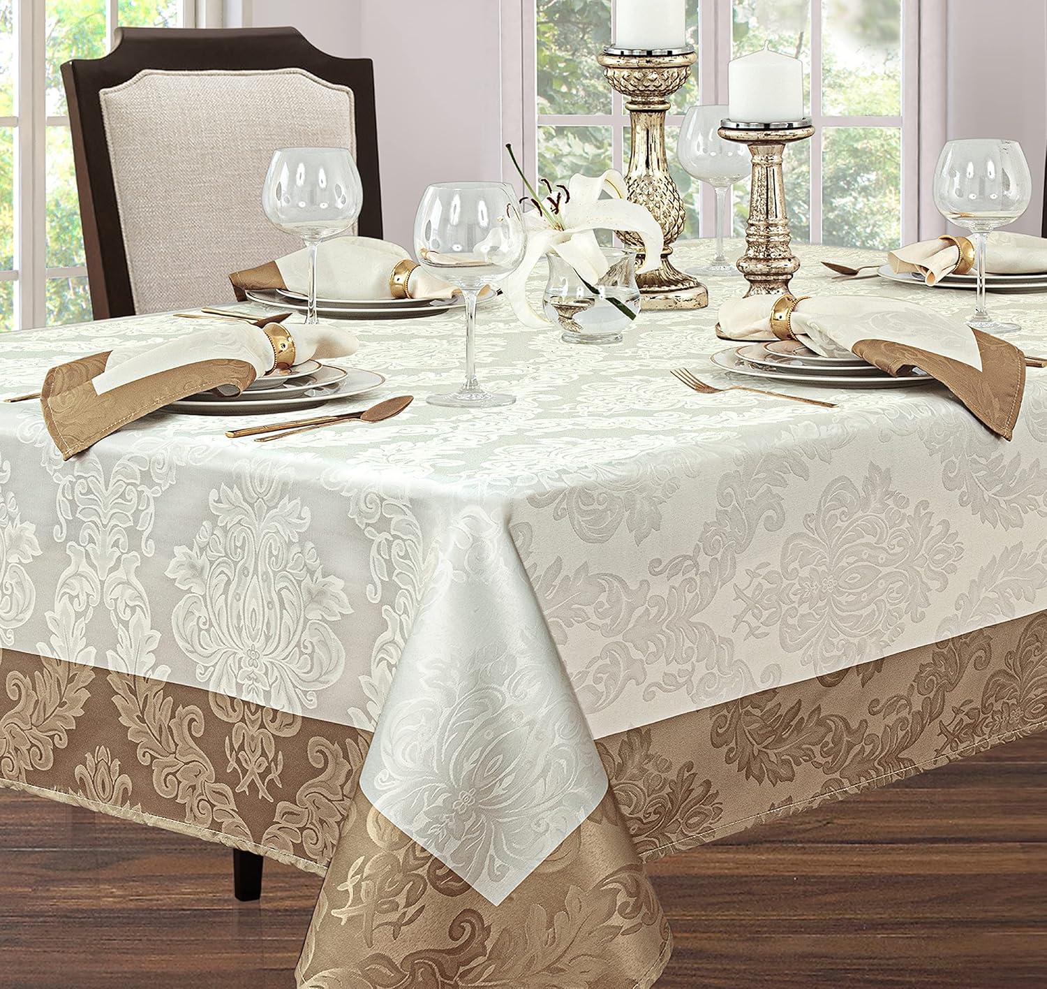 Newbridge Valencia Two Tone Bordered Damask Fabric Tablecloth, Wrinkle and Stain Resistant Fine Dining Holiday Hotel Quality Tablecloth, 52 Inch x 70 Inch Oblong/Rectangle, Antique Ivory/Gold