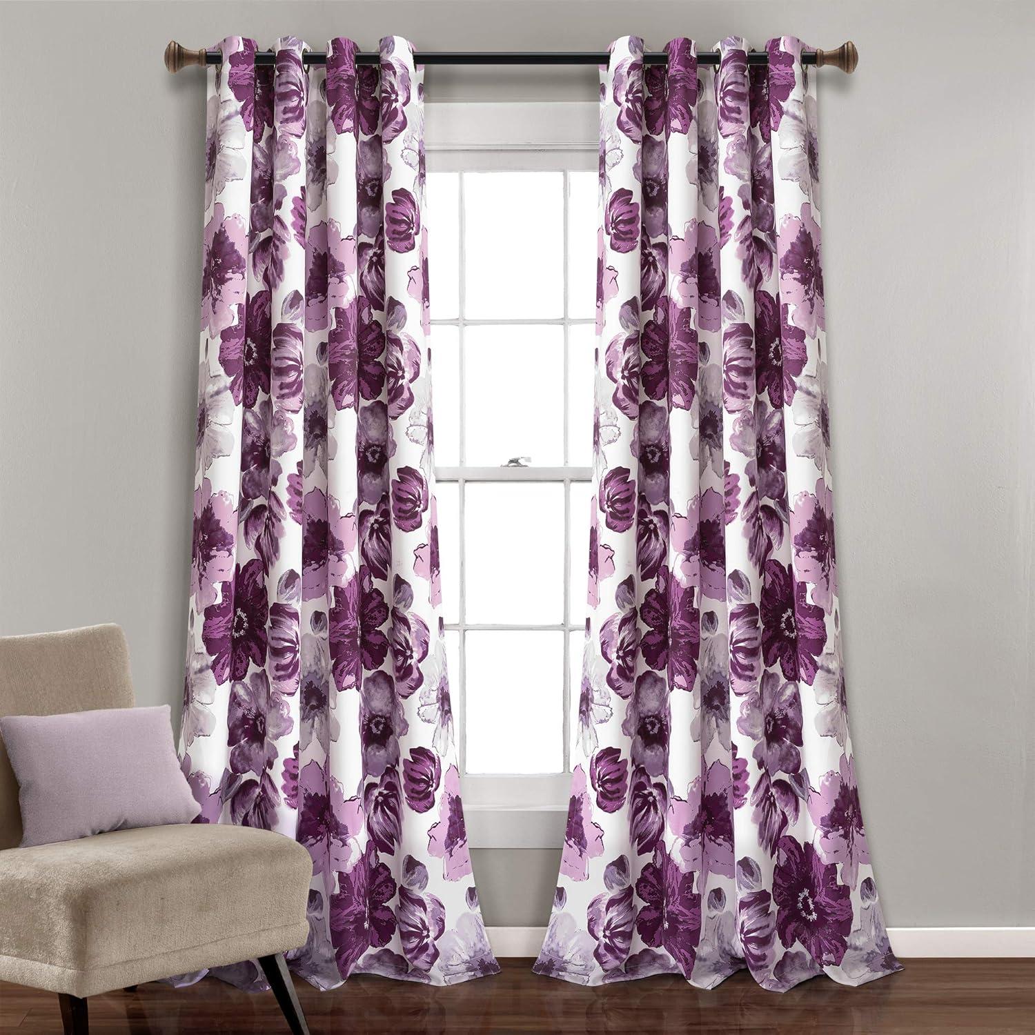 Leah Purple and Gray Floral Room Darkening Curtains, 52"W x 95"L