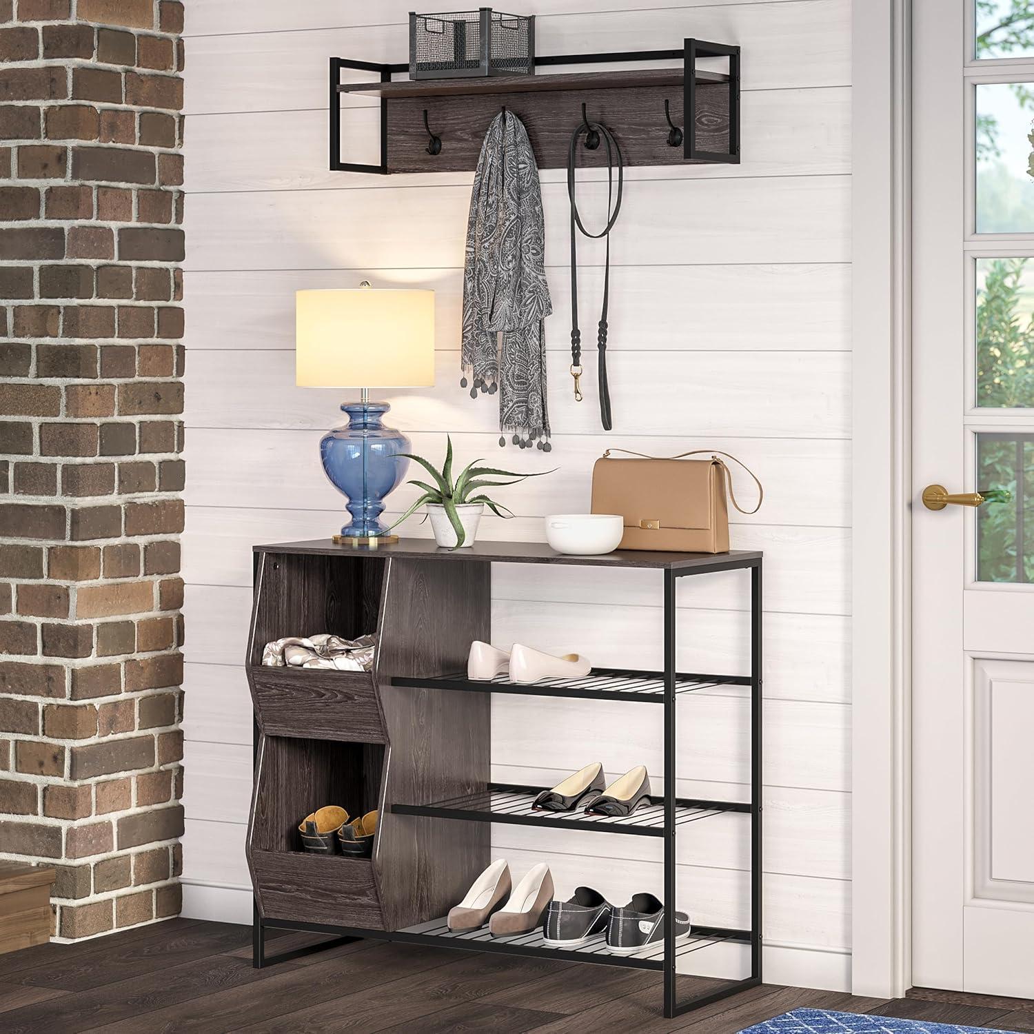 Afton Entryway Shoe Storage Organizer with 3 Shoe Racks and 2 Shoe Organizer Boxes Weathered Woodgrain - RiverRidge Home