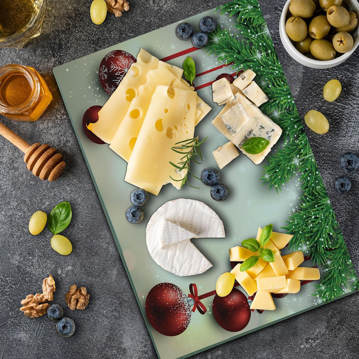 Christmas Cutting Board, Xmas Traditional Winter Season Theme Fir Twigs and Vibrant Balls Graphic Print, Decorative Tempered Glass Cutting and Serving Board, Large Size, Red Green, by Ambesonne