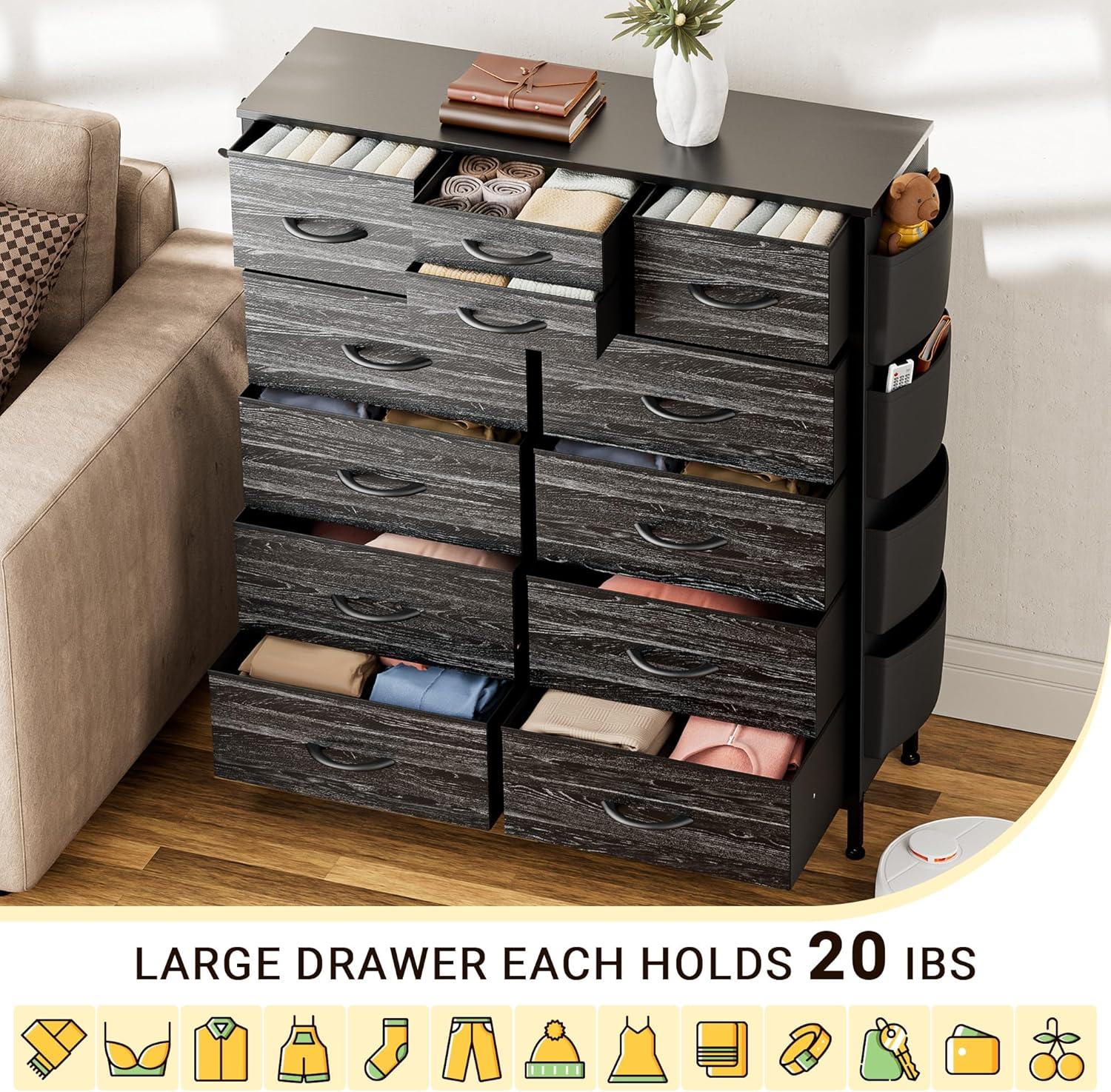 Black Tall Dresser with 12 Fabric Drawers and Side Pockets