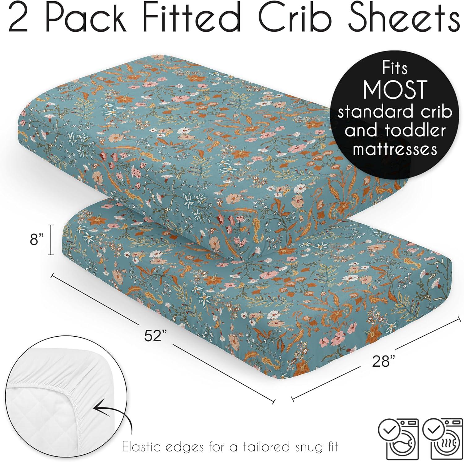Sweet Jojo Designs Girl Fitted Crib Sheets Set Boho Floral Wildflower Blue Orange and Pink 2pc