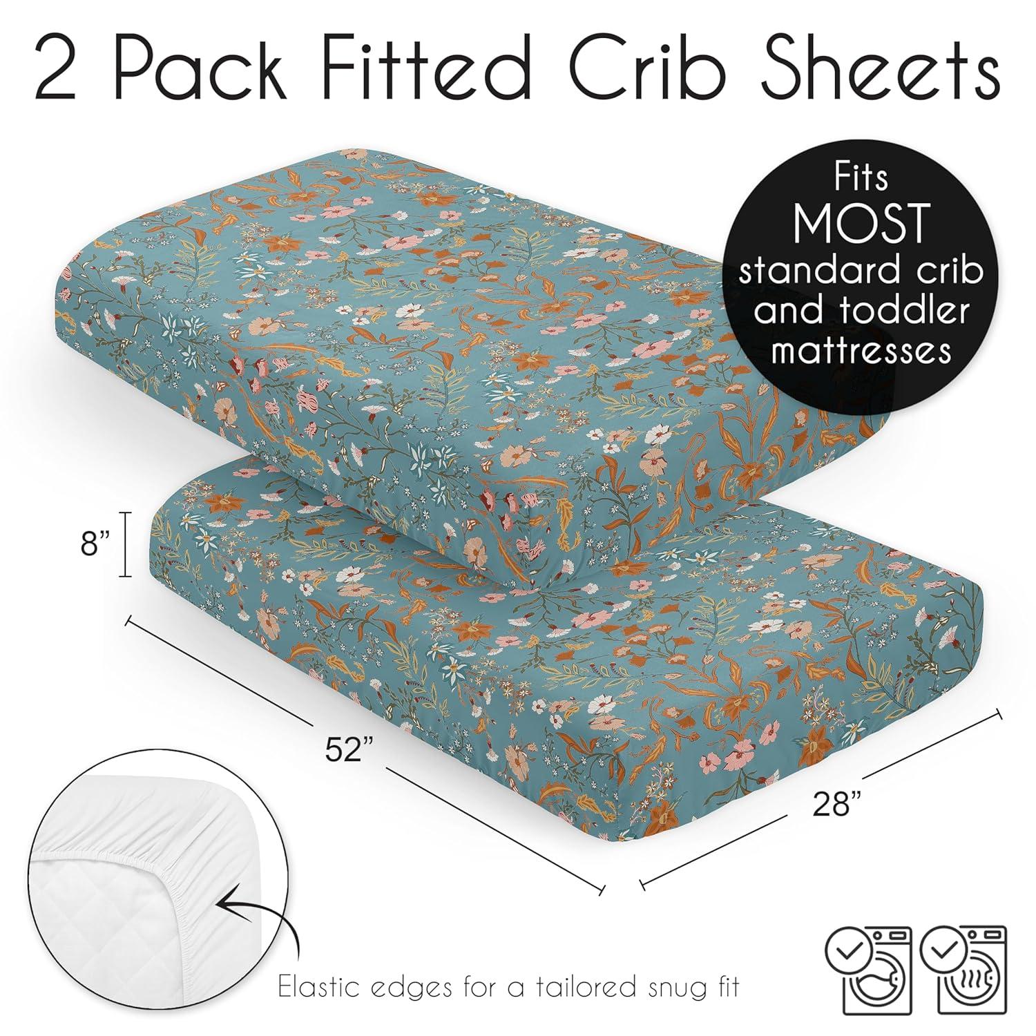 Sweet Jojo Designs Girl Fitted Crib Sheets Set Boho Floral Wildflower Blue Orange and Pink 2pc